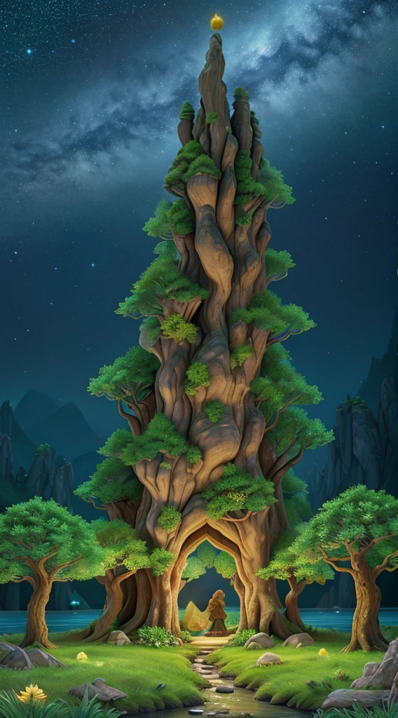Describe a kingdom with a starry night sky over the kingdom of Eldrion, where the stars twinkle in different colors. Imagine lush, mystical forests, where trees have vibrant colors and emit a soft bioluminescence. Include magical creatures, as dancing fairies, that inhabit the clearings and bring life to the landscape. Describe towering mountains shrouded in magical fog, hiding ancient mysteries. Explore fantastic valleys, like the Floralion Valley, where magical flowers bloom in abundance. Illustrate rivers and lakes with waters that reflect the glow of stars, giving them mystical properties. Adicione detalhes de magia na paisagem, como runas flutuantes, magical portals or sources of energy that permeate the realm.