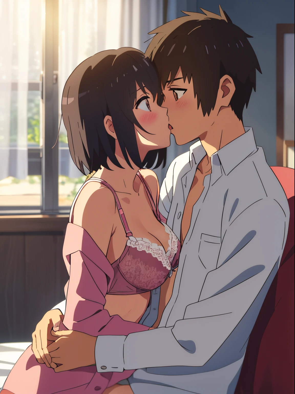 shinkai makoto, kimi no na wa.,1boy, buzzcut,nude, boy is front of girl, passionate hug, face press on the chest, sniffing chest, kiss chest, 1girl, bangs, black hair, blush, brown eyes, worried eyes, indoors, short hair, open mouth, white long sleeve shirt, unbuttoned shirt, open shirt, pink bra, medium breast, night, bedroom, sit on bed