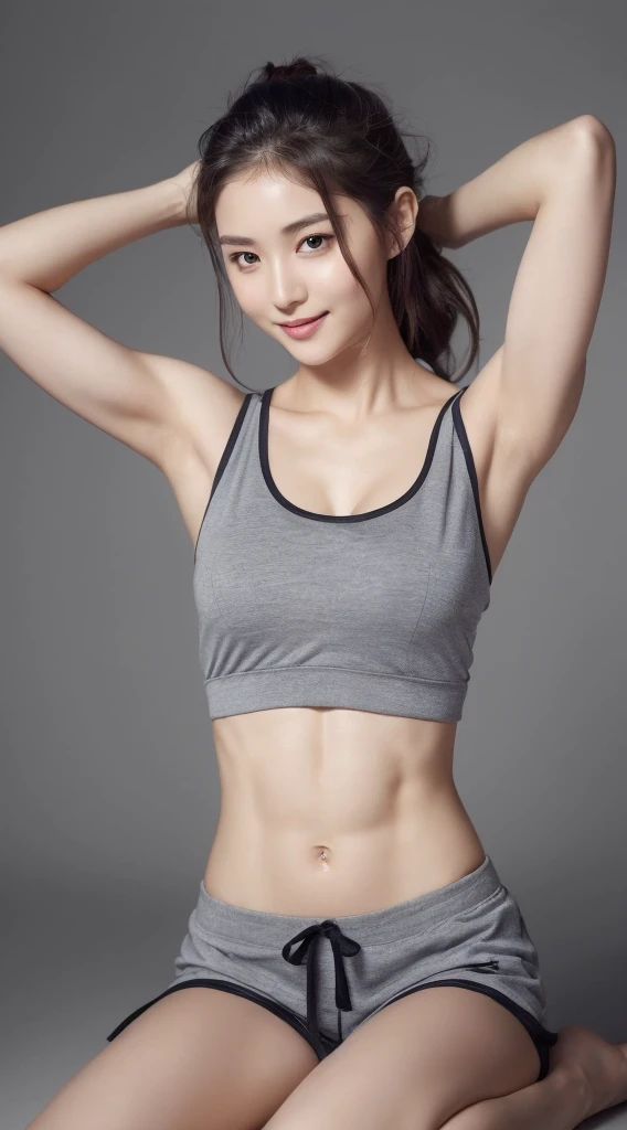 (8K, Best quality at best, tmasterpiece, hyper HD, High quality face shape:1.5), (The is very detailed), looking at the camera in, (20岁女孩:1.3), (Ultra-low angle full-body photography:1.3), 1 beutiful girl, (Japanese and Ukrainian mixed race beautiful girl), white skinned, (The skin is very fair, glistning skin:1.4), Needle spotlight, (beautidful eyes, There is light in the eyes), lisses, (Arms up),  Very smile, cute big breasts, random hair style, Random hair color, ((Beautiful woman wearing sports tank top and shorts)), Very low layer, 8 life size, (Beautiful:1.6), (Slim abs:1.4), (Muscular:1.3), precise, Skinny, toned butt, NSFW (Nsw) (Nsw) (Nsw) (Nsw) (Nsw),  of the whole body, simple grey background, pretty legs, Sit Pose