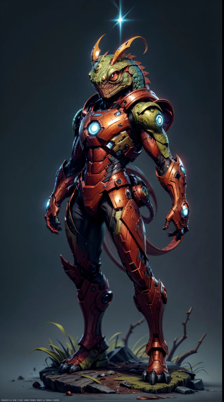 There is a chameleon wearing a iron man costume, Full body shot, Lindo arte digital detallado, Adorable pintura digital, Lindo arte digital, lindas ilustraciones detalladas, Linda criatura del bosque, furry fantasy art, Teemo, Teemo de League of Legends, linda criatura, Arte digital detallado 4K, linda criatura, Arte digital 4K altamente detallado, Anthropomorphic chameleon