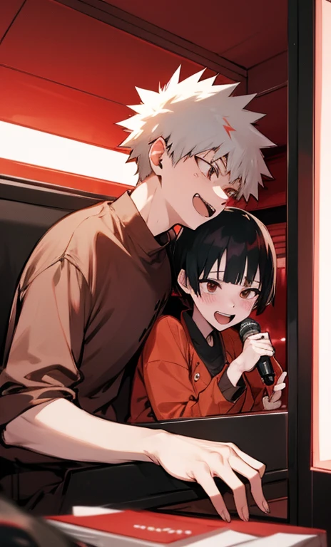 Katsuki Bakugo singing Karaoke next to a girl who has short black hair, pale skin, and brown eyes. Inside Karaoke booth together. They are laughing
