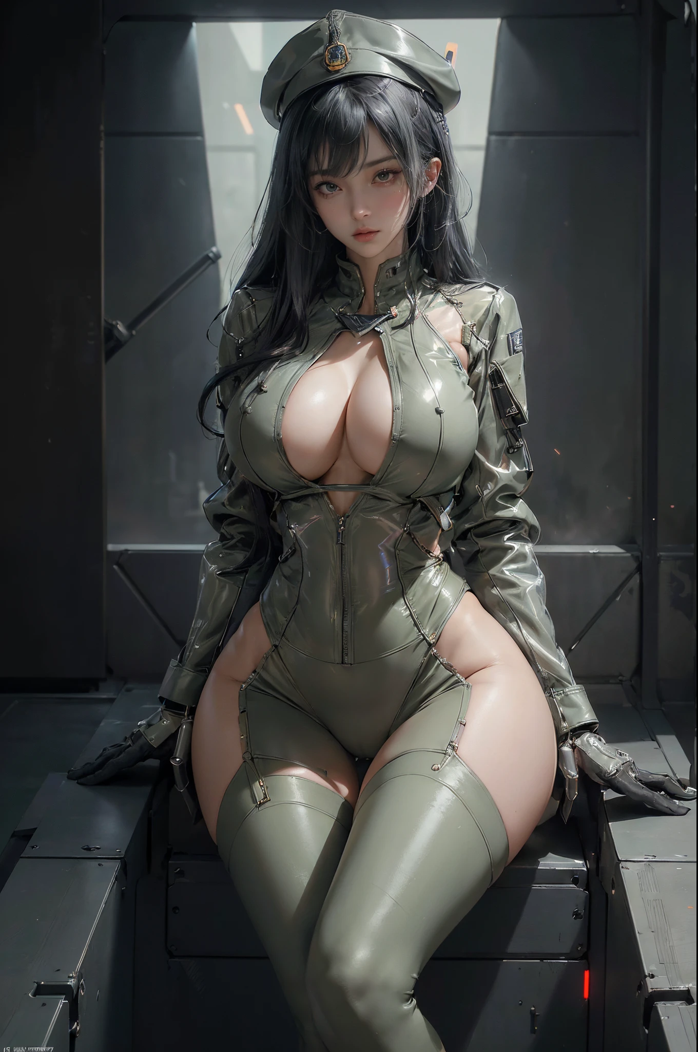 ((of the highest quality)), ((​master piece)), (detail:1.4), (((Translucent with mechanical parts and transparent skin++dark olive green aurora material++、++Gray carbon material++Beautiful woman in futuristic military uniform made of))), ((Wide open chest)), Skin of the hips and thighs, Ticker (High dynamic range), Ray tracing, NVIDIA RTX, Super Resolution, Subsurface Scattering PBR Texturing, Post-processing, Anisotropy Filtering, depth of fields, Surface Shading, Accurate simulation of light/Material Interactions, perfectly proportions, Two-tone lighting, Wide aperture, Low ISO, White Balance, 8K, (((Cameltoe))), NSFW, (((Tall Woman))), 25 year old woman, Brilliant LED, knee high, Bulge, open stance, Cowboy Shot, Skin of the hips and thighs, Beautiful body, Navel visible on bare skin, Chest to feel gravity, ((Military hat and military uniform jacket with dim LED lights)), (Huge breasts: 1.3), (gargantuan butt: 1.0), Cyberpunk dazzling cityscape, neon signs, led lights, Bright and vivid color scheme, Bright and vivid color scheme, Sitting in a mechanical chair、cross one's legs, Looking down, Slightly open mouth, Dull bangs, (((+++beautiful hairl+++ Straight medium hair))), ((Chemical Coloring Inner Hair))), Anatomically correct arms and fingers