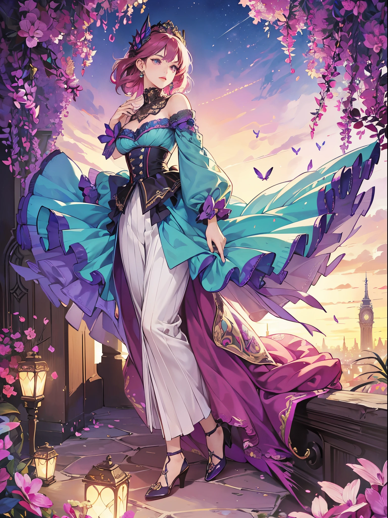 Butterfly motif、Magenta undertone、Vibrant colors、((masterpiece)))、(((top-quality)))、((ultra-detailliert))、(A hyper-realistic)、(highly detailed CGillustration)、Official art、Paris at the beginning of the 20th century、montparnasse、Decadent、Madame Papillon、Cool Beauty、Masquerade、refinement、Elegance、Gorgeous、Colorful and detailed mask design、matchless beauty、Fans、gorgeous dress、jewely、Female Solo、Perfect Angle、perfect-composition、full body Esbian
