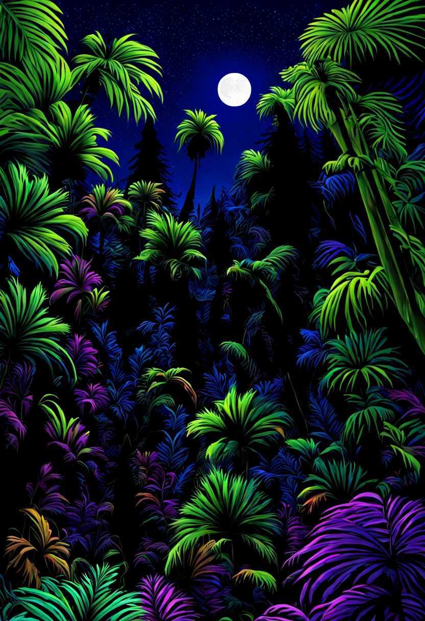 ((black light art)), (black light style digital painting), night jungle against the backdrop of the moonlit sky, higly detailed, hight resolution, black light and art, UV sensitive, tmasterpiece, incredibly beautiful