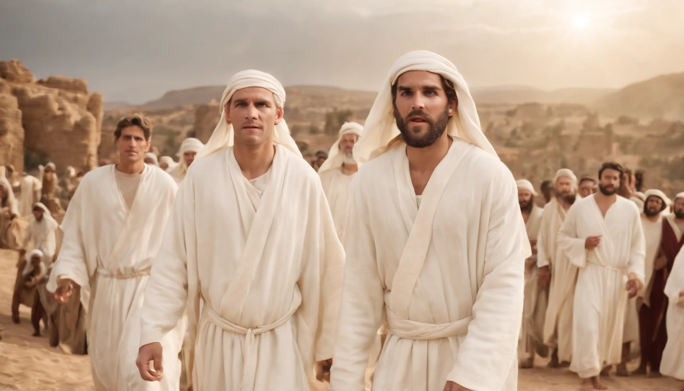 a pixa Disney cartoon of biblical times, A Lot of angry young people mostly men in heaven dressed like the bible times having white robe around their west.