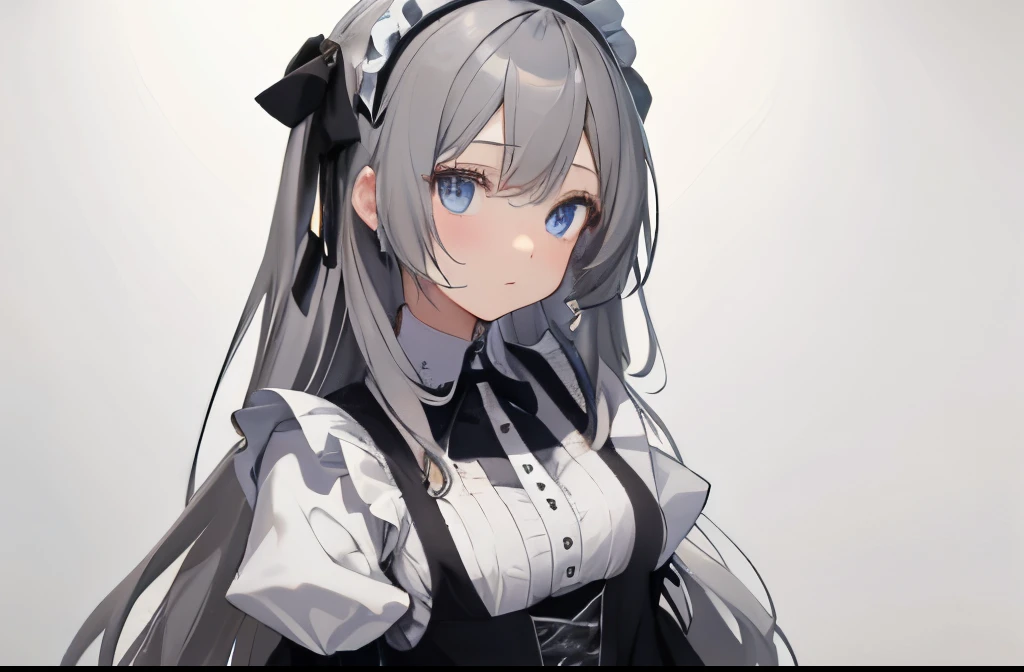 【Highest Quality, masutepiece】 [girl, expressioness, Cerulean eyes, very long hair,stare at each other,,maid clothes,Apron Dresses,frilld,Upper body] (Gray white background:1.5), large full breasts,