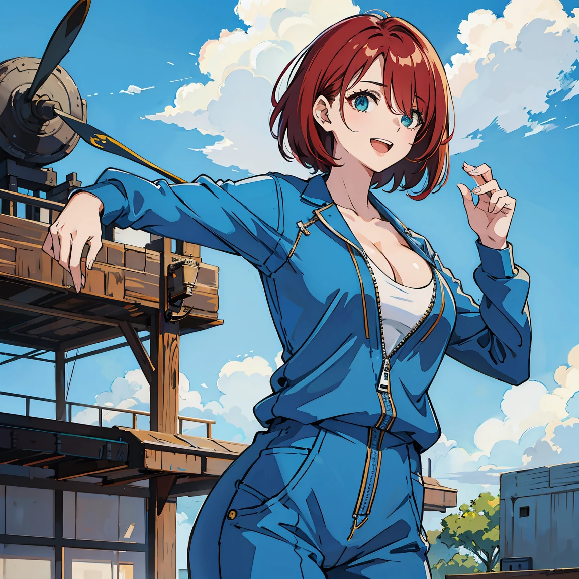 (masterpiece), best quality, expressive eyes, perfect face, 1girl, solo, (hair over one eye), short hair, messy hair, red hair BREAK tomboy, blue jumpsuit BREAK green eye BREAK large breasts, Cleavage, :D, background sky, cloudy sky, blue sky, airplane