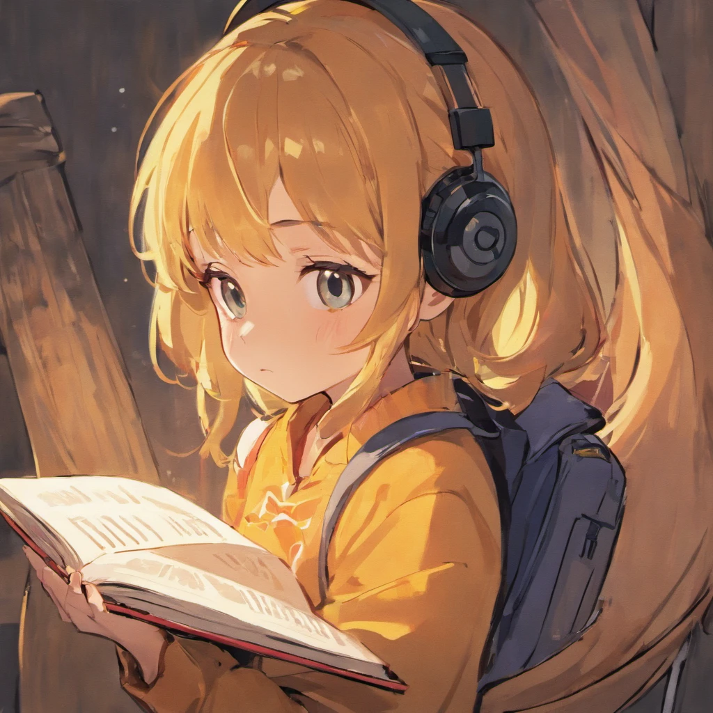 A child wearing headphones and reading a book, ::style pixar cartoon