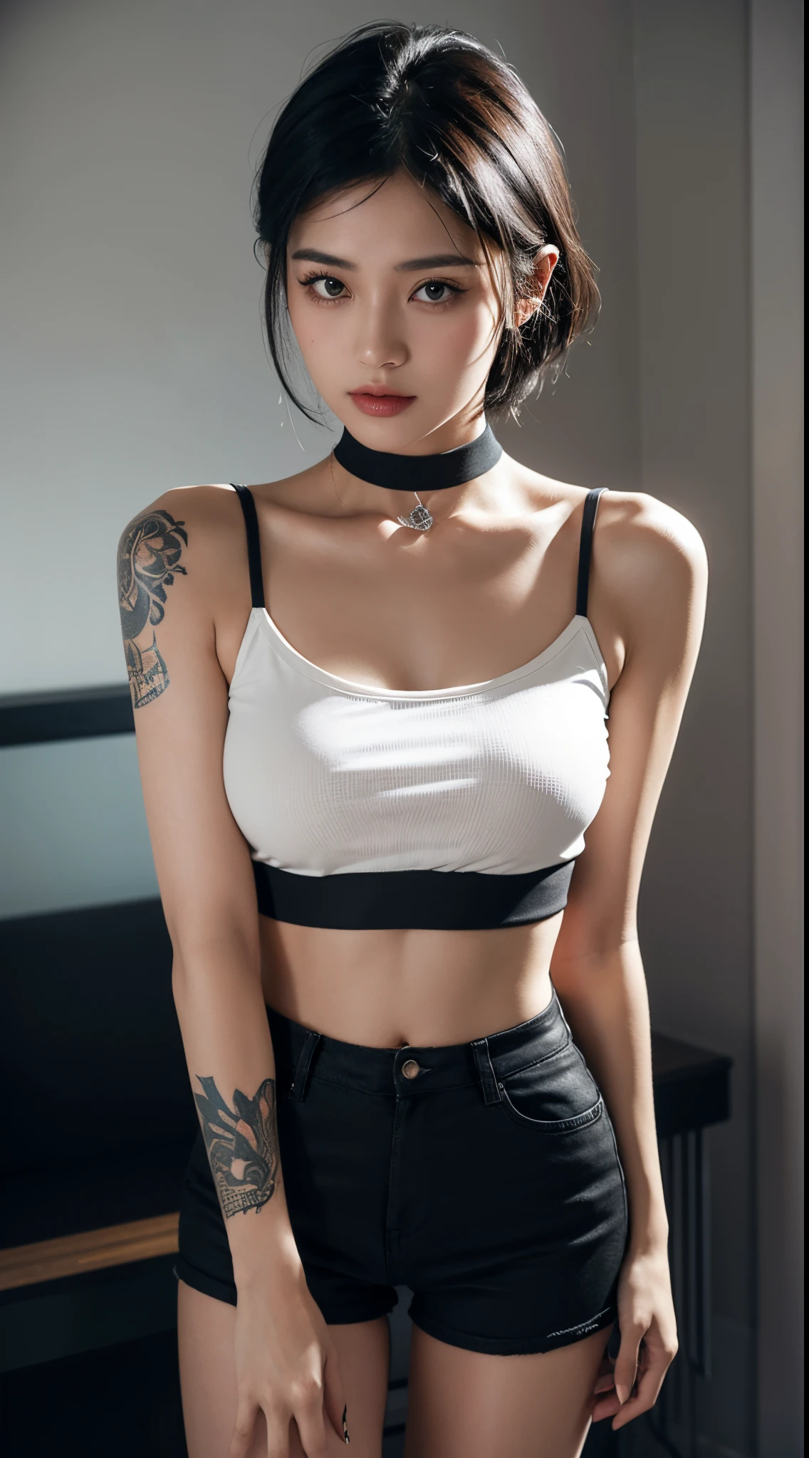 Generate an image of a woman with short black hair, adorned with tattoos on her arms, wearing a choker, cropped top, and short shorts. Capture the details of the accessories and emphasize her appearance with an affectionate and passionate gaze. Utilize lighting techniques to enhance the overall mood, creating a visually appealing representation that blends style, individuality, and a hint of romance in her expressive eyes.