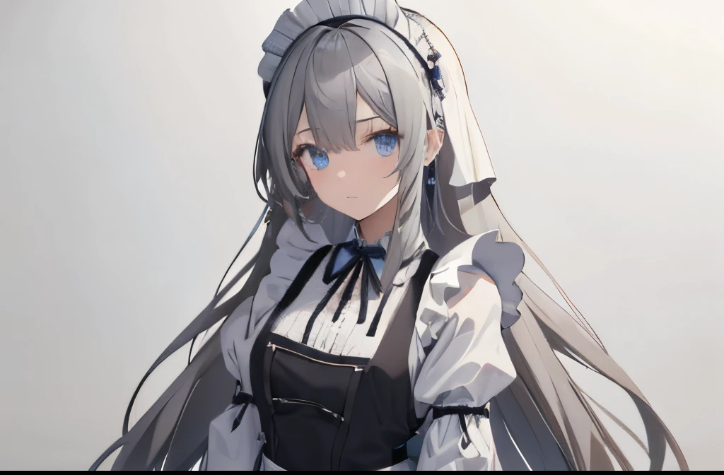 【Highest Quality, masutepiece】 [girl, expressioness, Cerulean eyes, very long hair,stare at each other,,maid clothes,Apron Dresses,frilld,Upper body] (Gray white background:1.5), large full breasts,