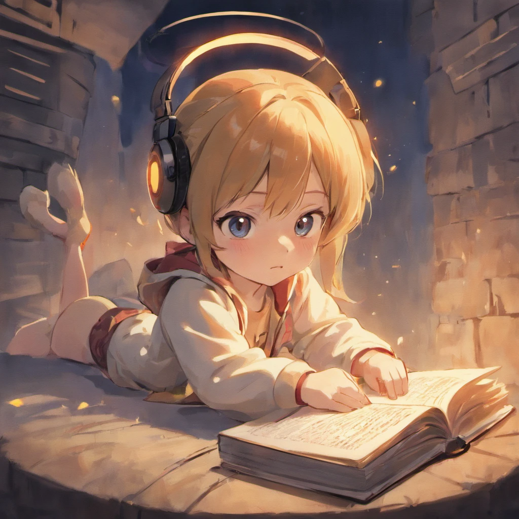 A baby wearing headphones and reading a book, ::style pixar cartoon