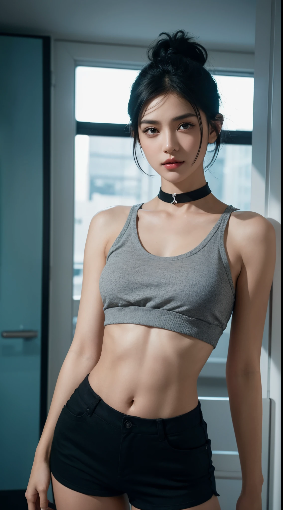 Generate an image of a woman with short black hair, adorned with tattoos on her arms, wearing a choker, cropped top, and short shorts. Capture the details of the accessories and emphasize her appearance with an affectionate and passionate gaze. Utilize lighting techniques to enhance the overall mood, creating a visually appealing representation that blends style, individuality, and a hint of romance in her expressive eyes.