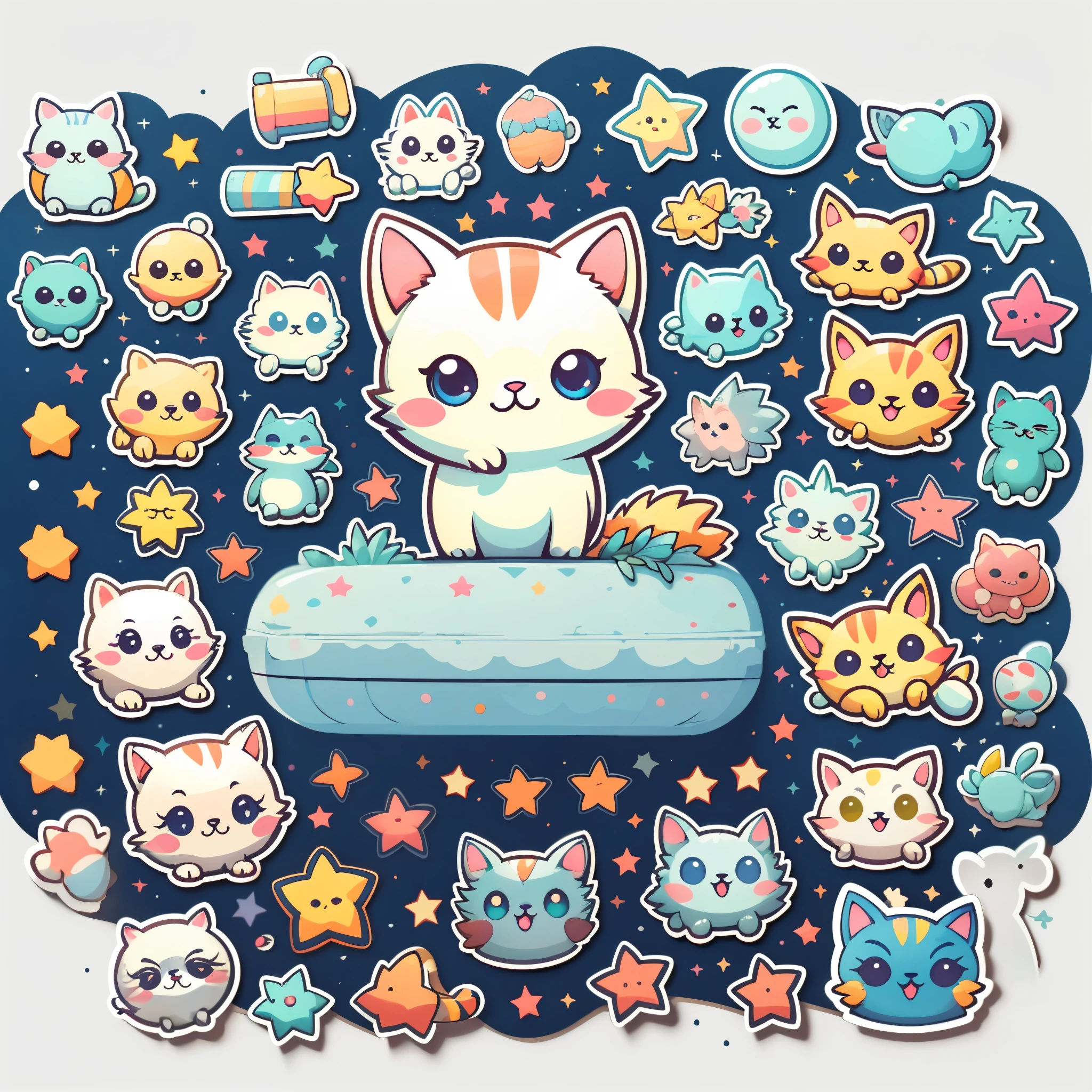 1 sticker, sticker, (cute, cat), stars, white background, no background, simple background, minimal, cute, tiny, pastel color, vector style, no gradient,