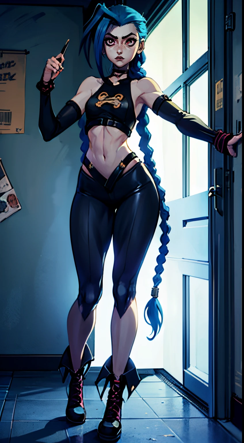 Dark room, adult girl, glow in the dark paint on the walls, drawings on the walls, Arcane style, Arcane's Jinx (character design 1.1.), Standing in a fighting stance, very long blue braids, two very long tails of hair, Very detailed. Anime style, The secret of animation, gloomy composition, The Gloomy Room, luminescent paint on the walls, drawings on the walls, gloomy atmosphere, glowing pink eyes (highly detailed glowing pink eyes, pink pupils 1.1), Pink pupils, very detailed eyes, Beautiful figure, a 1girl, Beautiful figure (Proper Anatopy 1.1.), in full height (Body Full 1.1), Slender figure, shapely legs, Blue hair, hairlong, Skinny black leather pants, Very detailed face, Very beautiful face, Very sexy ass, in full height (Body Full 1.1), small elastic breasts, Little ass, Beautiful slim figure, small buttocks, black tight suit, tmasterpiece,beste-Qualit,higly detailed,Visible to the feet, 8K resolution, High