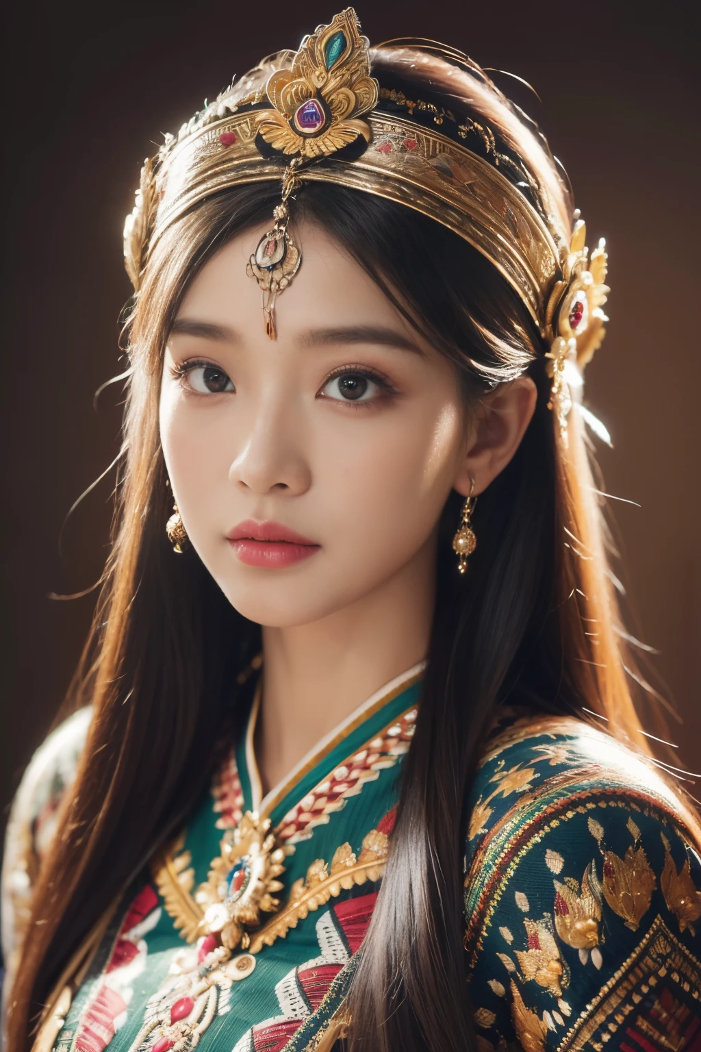 best quality, ultra-detailed, portrait, Indonesian traditional cloths, beautiful detailed eyes, beautiful detailed lips, long hair, feminine, traditional headpiece, ornaments, rich colors, bright background, studio lighting