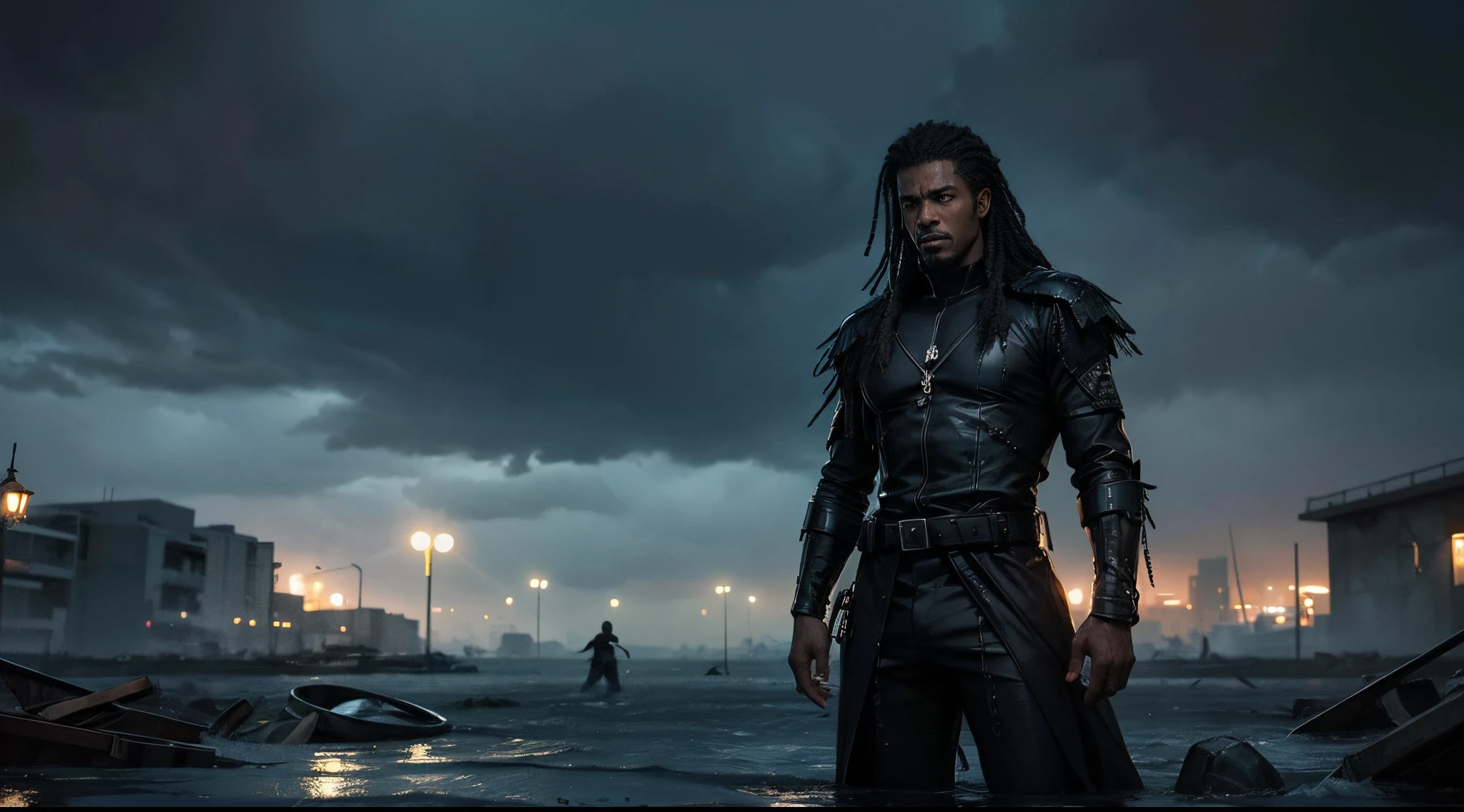 He is a cop enfrentando zumbis. Afrohair Wet. Black Skin. barbado (man). Ele usa um uniforme militar inteiro preto. (Dark Fantasy)
In the background there is an army of undead that are shadows, no features. The city is flooded. It's a modern city, with tall buildings and mirrored glass. It's a huge flood.
the sky is black. Como noite. Noturno. Chove. Chuva tempestuosa. The image is blurry and you can see that a battle took place, because there are many dead bodies around. Some black birds are halos in the sky. Calamidade. Guerra. ANGUISH. Cores escuras.
It's the pain of a lifetime. The Last Battle. Apatia em tons cinzentos. The darkness of hopelessness. Every feeling is sadness.
