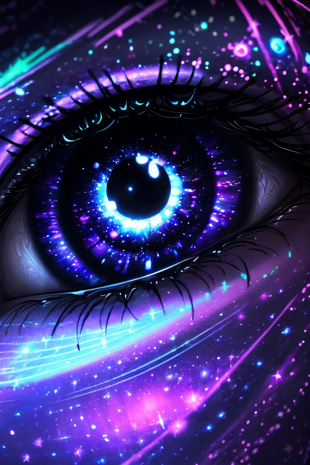 (black light art:1.4), close-up of eyes with a cosmic universe reflection, vibrant colors, neon glow, surrealism, intricate details, high contrast, deep black background, sparkling stars, luminescent planets, glowing galaxies, ethereal beauty