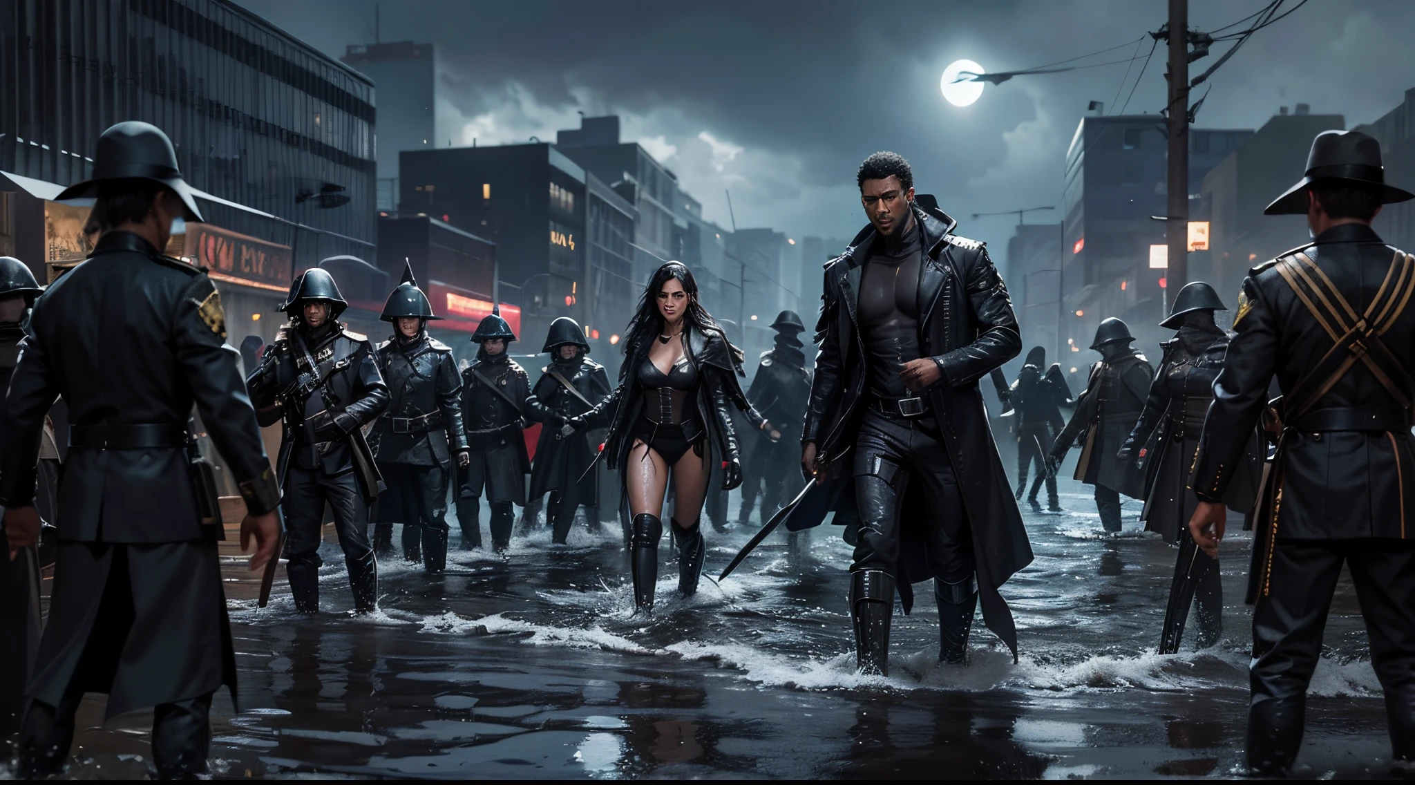 He is a cop enfrentando zumbis. Afrohair Wet. Black Skin. barbado (man). Ele usa um uniforme militar inteiro preto. (Dark Fantasy)
In the background there is an army of undead that are shadows, no features. The city is flooded. It's a modern city, with tall buildings and mirrored glass. It's a huge flood.
the sky is black. Como noite. Noturno. Chove. Chuva tempestuosa. The image is blurry and you can see that a battle took place, because there are many dead bodies around. Some black birds are halos in the sky. Calamidade. Guerra. ANGUISH. Cores escuras.
It's the pain of a lifetime. The Last Battle. Apatia em tons cinzentos. The darkness of hopelessness. Every feeling is sadness.