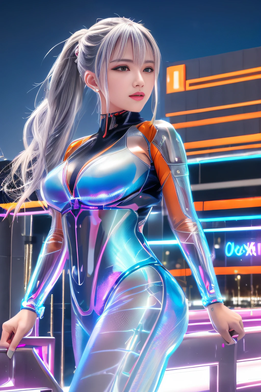 Cyber City at Night,(Gorgeous night view illumination:1.3),(Stand on the roof of a building:1.3)The actress is a very beautiful adult woman..........(Sexy super shiny orange transparent holographic mechanical cyberpunk suit:1.3) ,(Mechanical suit that lights up with brightly colored LEDs:1.3),Surrounded by a network of wires. Surrounded by a web of circuits.Sexy face, a necklace,piercings, Happy smile.Sexy Pose, (Silver hair、Ponytail twisted buns adorned with elaborate braids and beads,Braided Setup Fishbone Hair,),(Bangs are see-through bangs),(hair pin、poneyTail、Floating hair、),breast slip,(Emphasis on large breasts:1.3),profetional lighting,Cinematic Light,(masutepiece,top-quality,Ultra-high resolution output image,) ,(The 8k quality,),(Sea Art 2 Mode:1.3),,(Image Mode Ultra HD,)