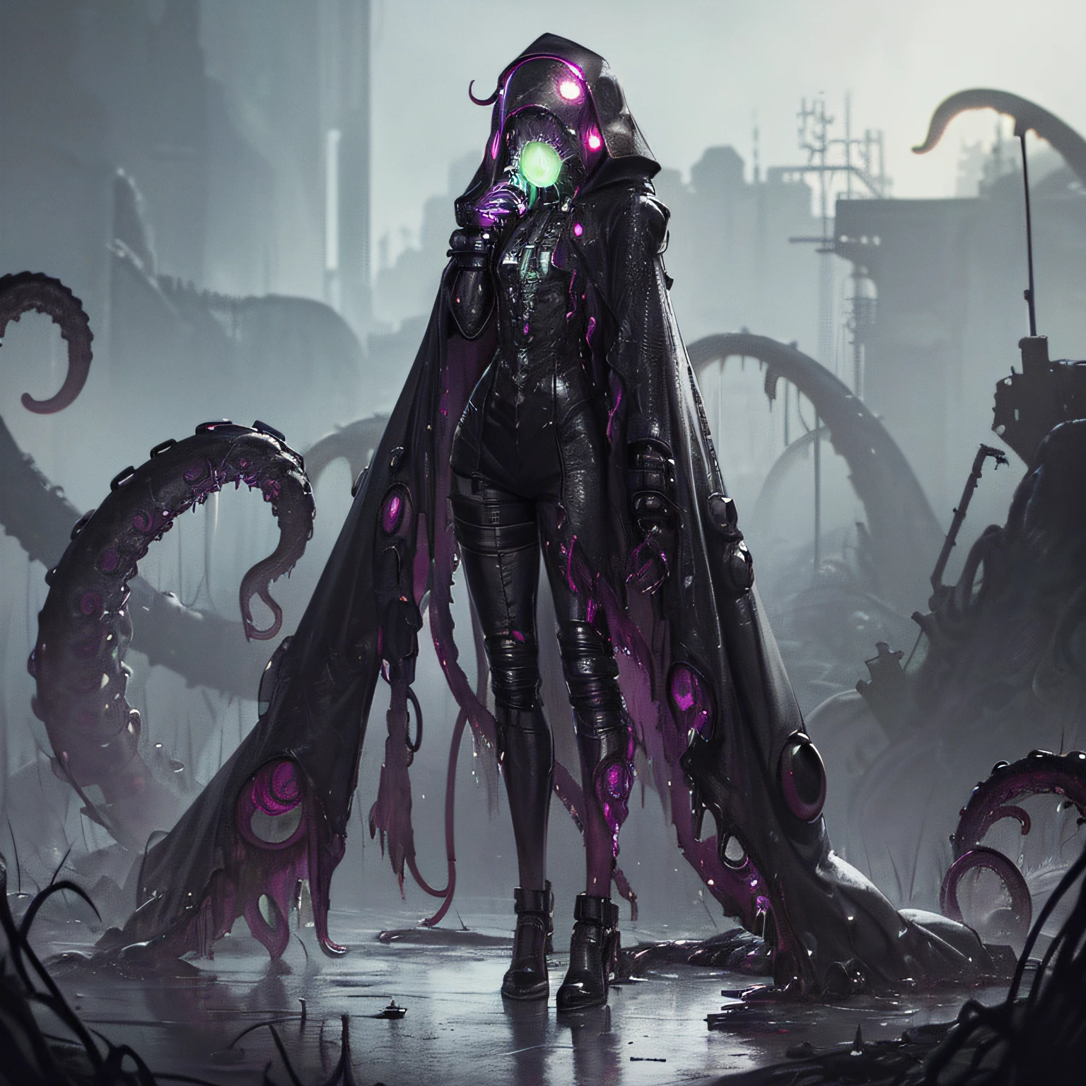 (((dark tentacle biopunk))), ((dark biopunk girl)), hair light, ((a lot of long closed clothes)), biopunk cape-shaped clothing, iron visor, (Closed posture), hands together, Sits, Cold lighting, abandoned landscape in biopunk style, (Contempt for video game style), Horror atmosphere, the presence of something scary, very detailed biopunk background, von Hans Giger, perfect anatomy, Masterpiece