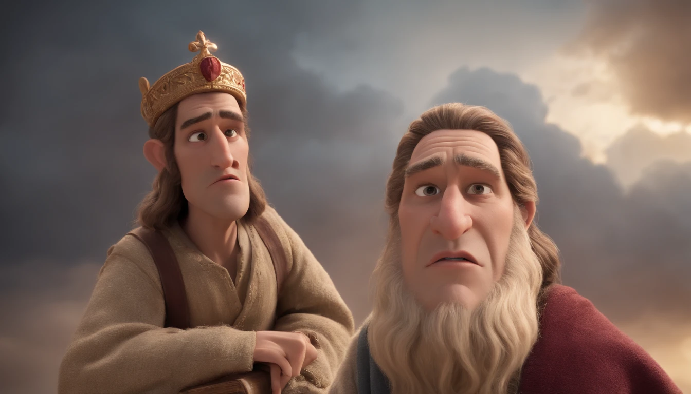 a pixa Disney cartoon of biblical times, a very angry man looking towards heaven dressed like the bible times.