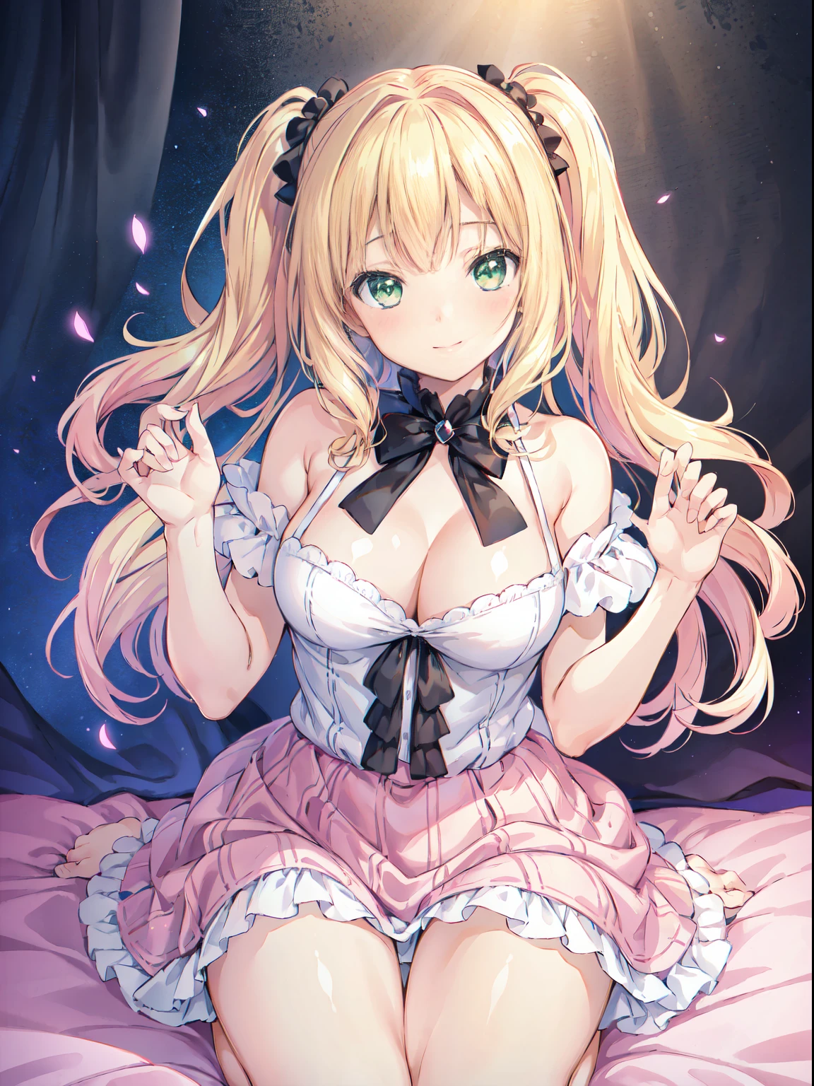 black rose fairy kisses the flower. That fairy is smaller than a flower. The neat costume gives off a mysterious luster. flower field, Natural light,(Best Quality), (masutepiece:1.3), Ultra-detailed, Best Quality, masutepiece, (Game CG:1.4), NSFW, Detailed beautiful face and eyes,Burst breasts、, large full breasts、 、、, (masutepiece, Best Quality), (Photorealistic:1.37), Raw photo, hight resolution, (high detailed face), Frontal, masutepiece, superfine illustration, Best Quality, light Particle, Ultra-detailed, 8K Wallpaper, (Bright colors:1.2), Solo, ((tiny girl)), Big breasts, (Blonde hair), disheveled hair, Short hair, Twintail, two side up hair, Scrunchie, Curly hair, Shiny hair, Shiny skin, (She wears a light pink and white horizontal striped dress., Short sleeve), (frilled miniskirt), (White legwear), ((horizontal striped panties)), (Beautiful green eyes, shiny eyes, Big eyes), Affectionate smile, Seductive smile, Closed mouth, Blush cheeks, (Naughty room), (Pink bed), (pink pillows), (pink curtain), Looking back, get down on all fours, To NSFW,