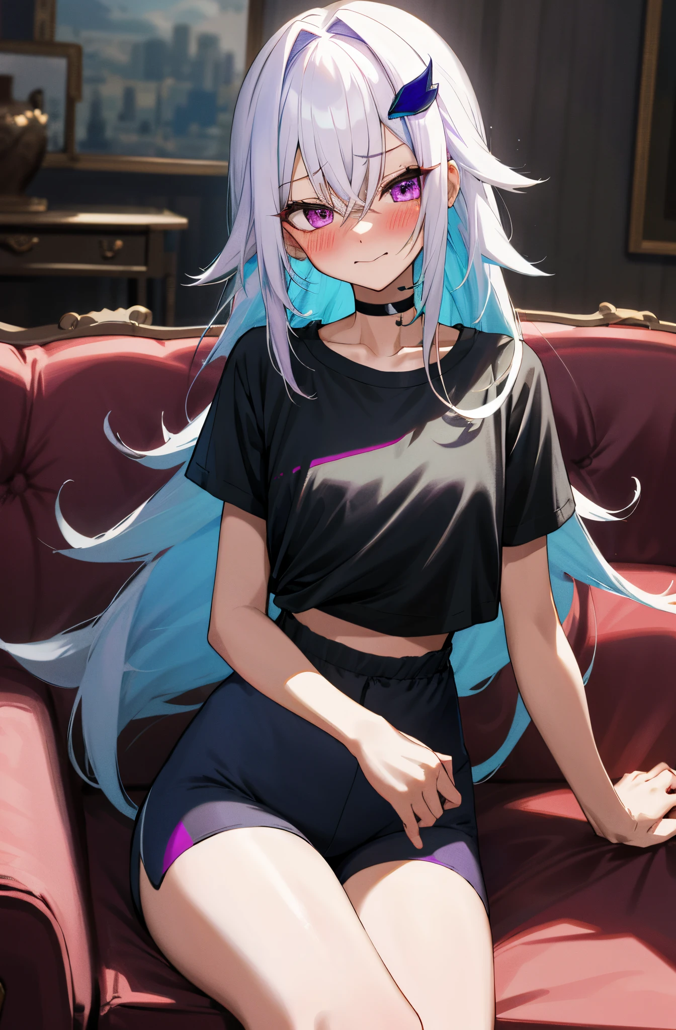 One girl with long messy hair, white hair, blue inner hair, purple eyes, looking at viewer, sleepy, blushing, embarrassed, little smile, wake up from sleep, black t shirt, sport shorts, living room, thigh, slim, dizzy, choker, mid-chest, wide hips, perfect waist, morning atmosphere, hair ornament, sit on, sofa