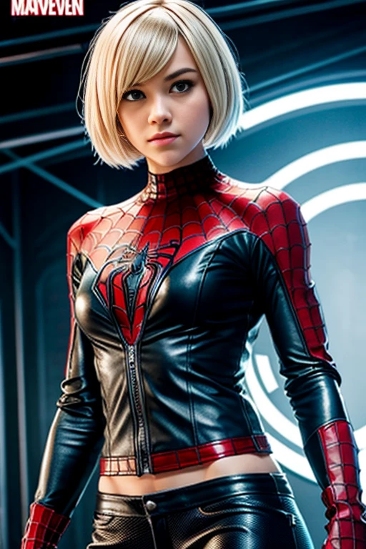 Gwen Stacey as Spider Girl with short hair and leather clothing, abs