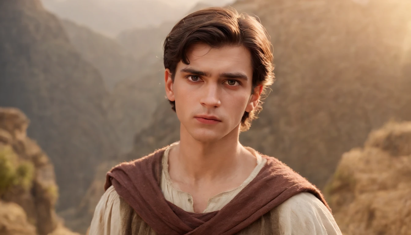 a pixa Disney cartoon  of biblical times,  a very angry young man looking very sad and looking towards heaven dressed like the bible times.