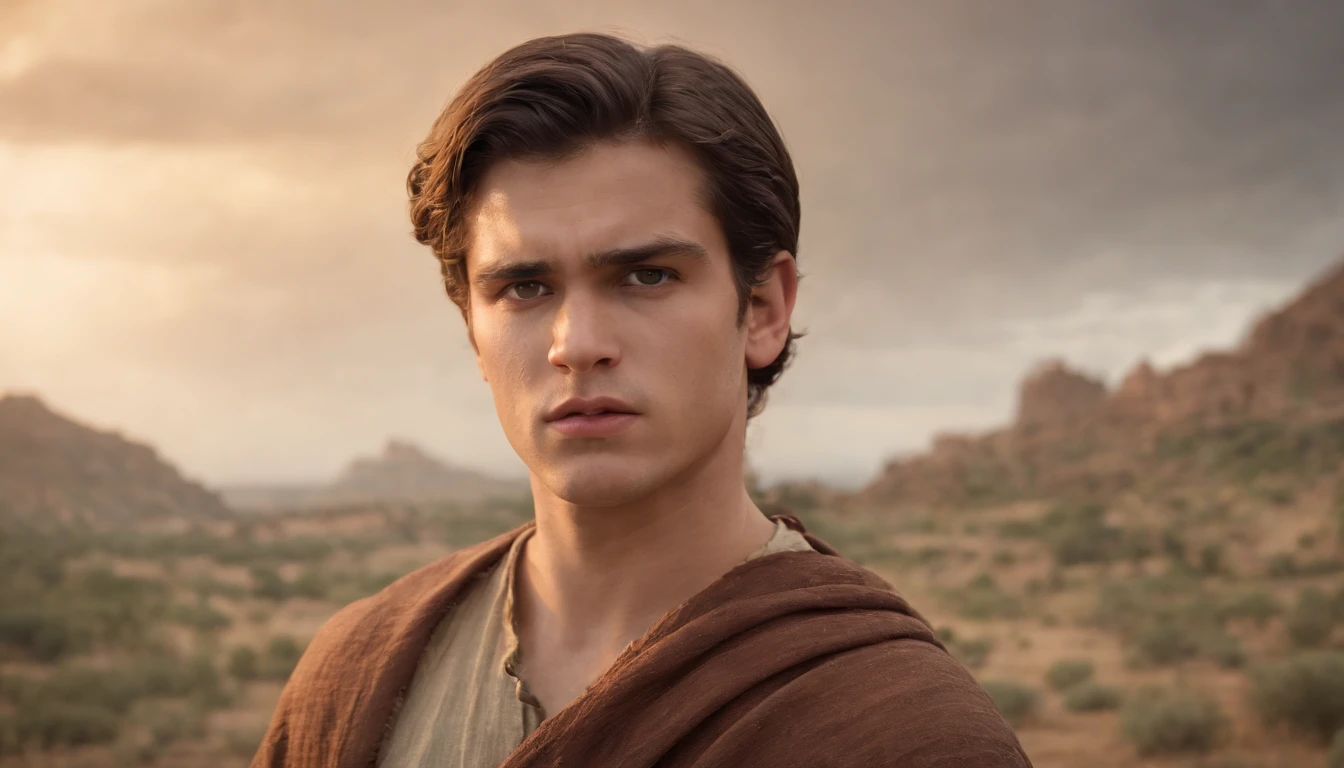 a pixa Disney cartoon  of biblical times,  a very angry young man looking very sad and looking towards heaven dressed like the bible times.