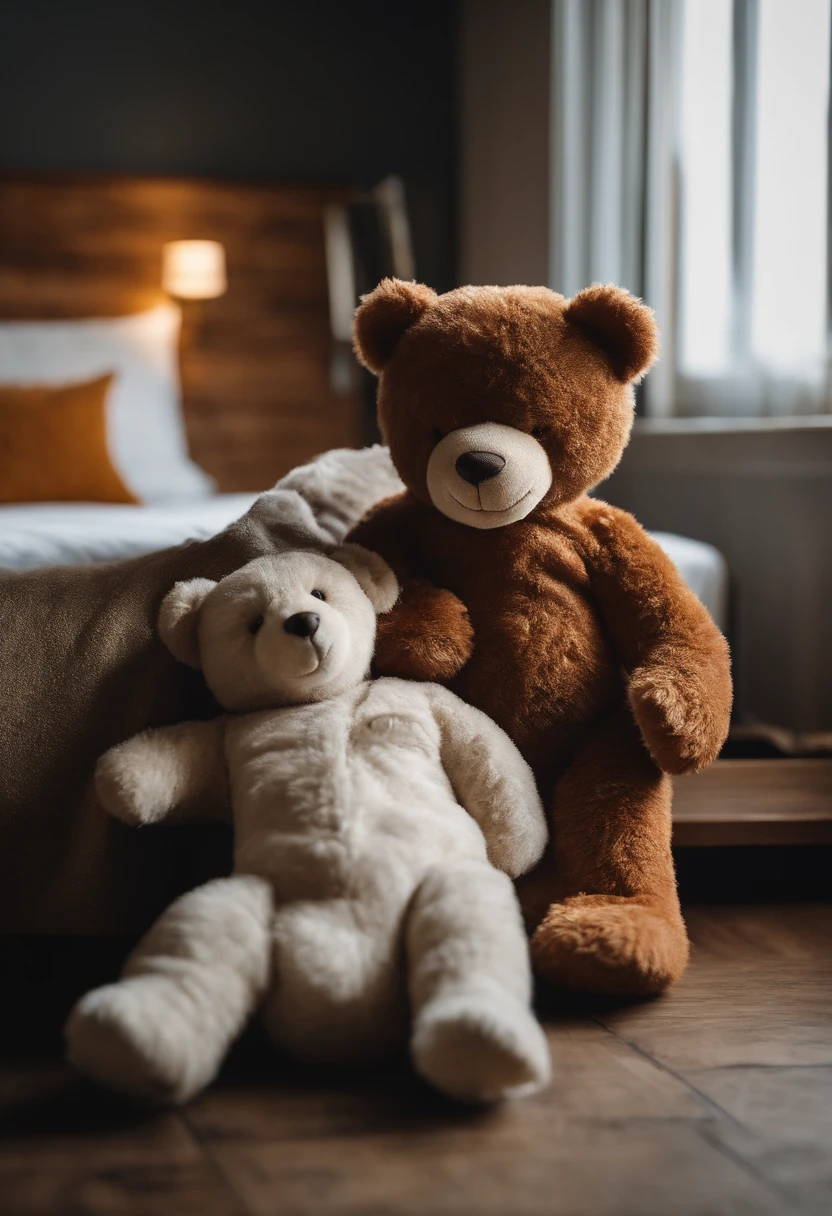 A wild bear falls asleep hugging a teddy bear on a hotel bed., Realistis,8K