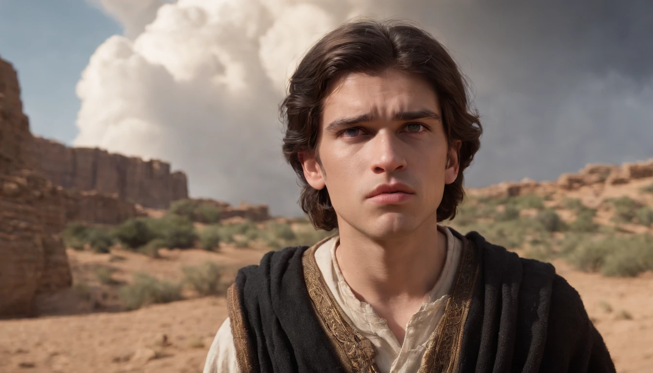 a pixa Disney cartoon  of biblical times,  a very angry young man looking very sad and looking up towards the cloud dressed like the bible times.