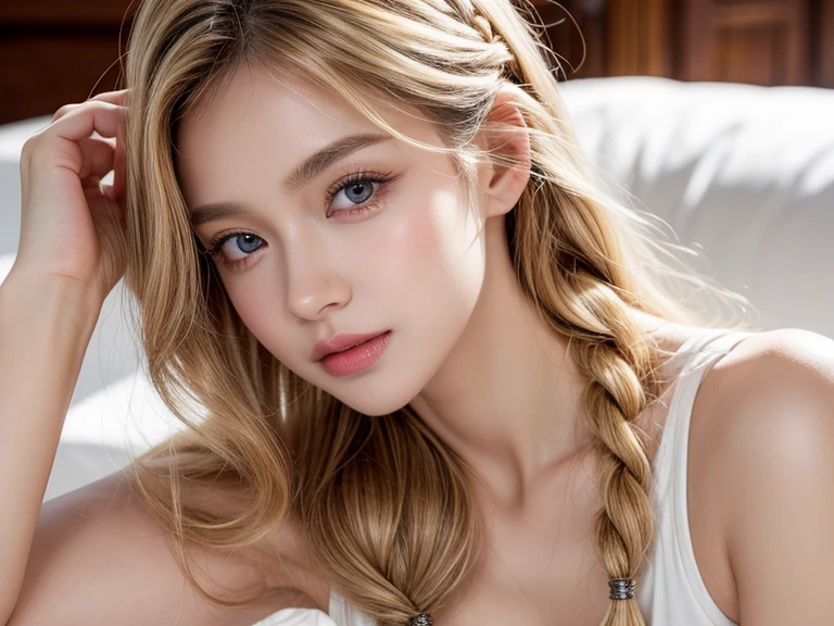 Best masterpiece, Ultra hd, 4k, bust portrait, professional photographer, soft lighting, single girl, beautiful model, natural beauty, perfect face, detailed face, slim body, big tits, fashionable outfit, detailed clothing features, blonde hair, fashion hair, delicate braided hair, light brown eyes, perfect skin, looking at viewer, serene eyes, detailed eyes, beautiful smile, detailed lips, dynamic poses.