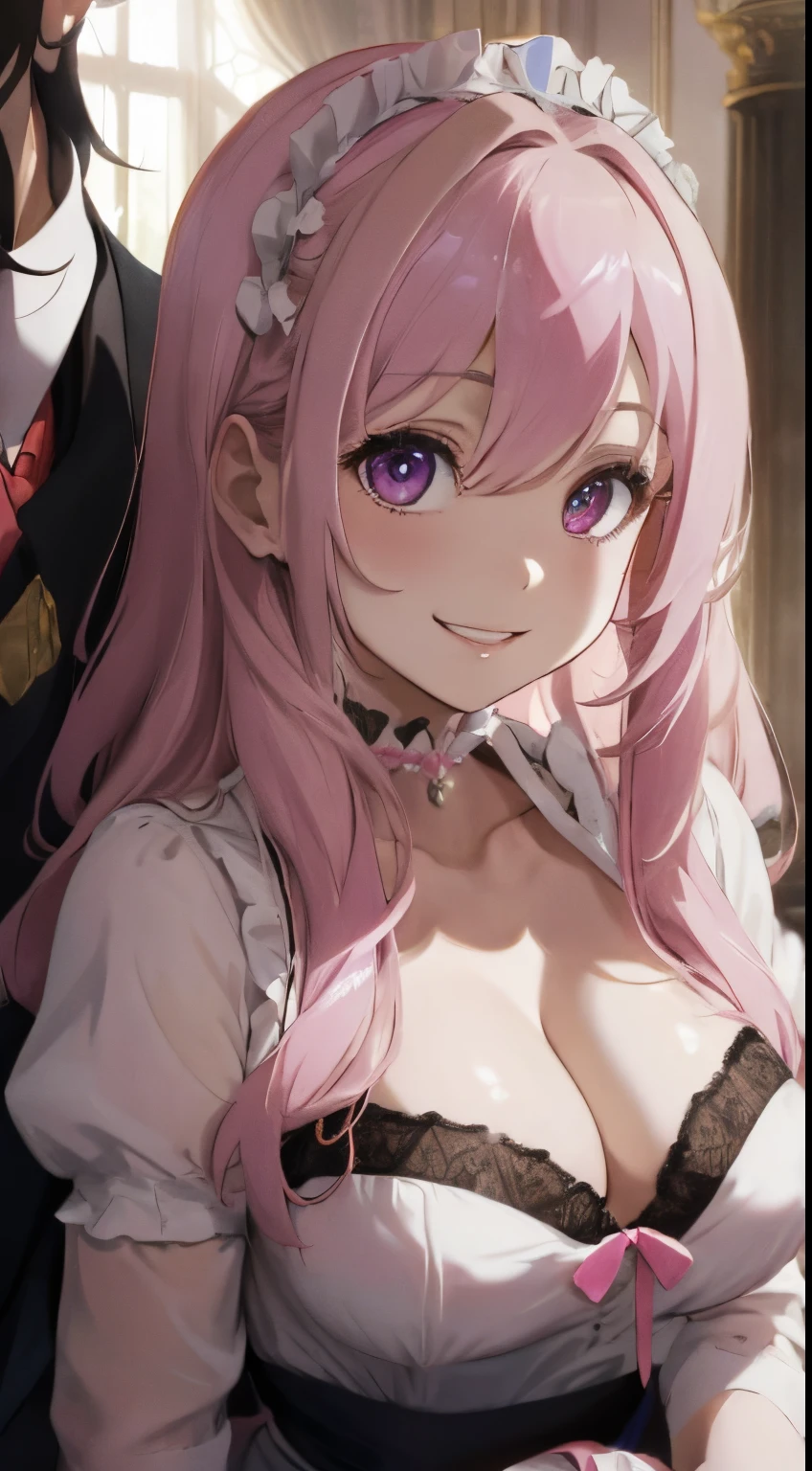 Aristocratic mansion with luxurious furniture,Royal style,A bright room with lots of light.....,parlor,Office,Lots of maids,fluffy hair,Light brown, pink and white mixed hair,Her chest is wide open and you can see her cleavage.,Fluffy maid outfit with plenty of volume,a man between two maids,3 close contacts,our chests are rubbing against each other.,Slight red tide,Face writhing in pleasure,AHE Face,ecstacy,Hypnotized,Hollow eyes,Smile slightly