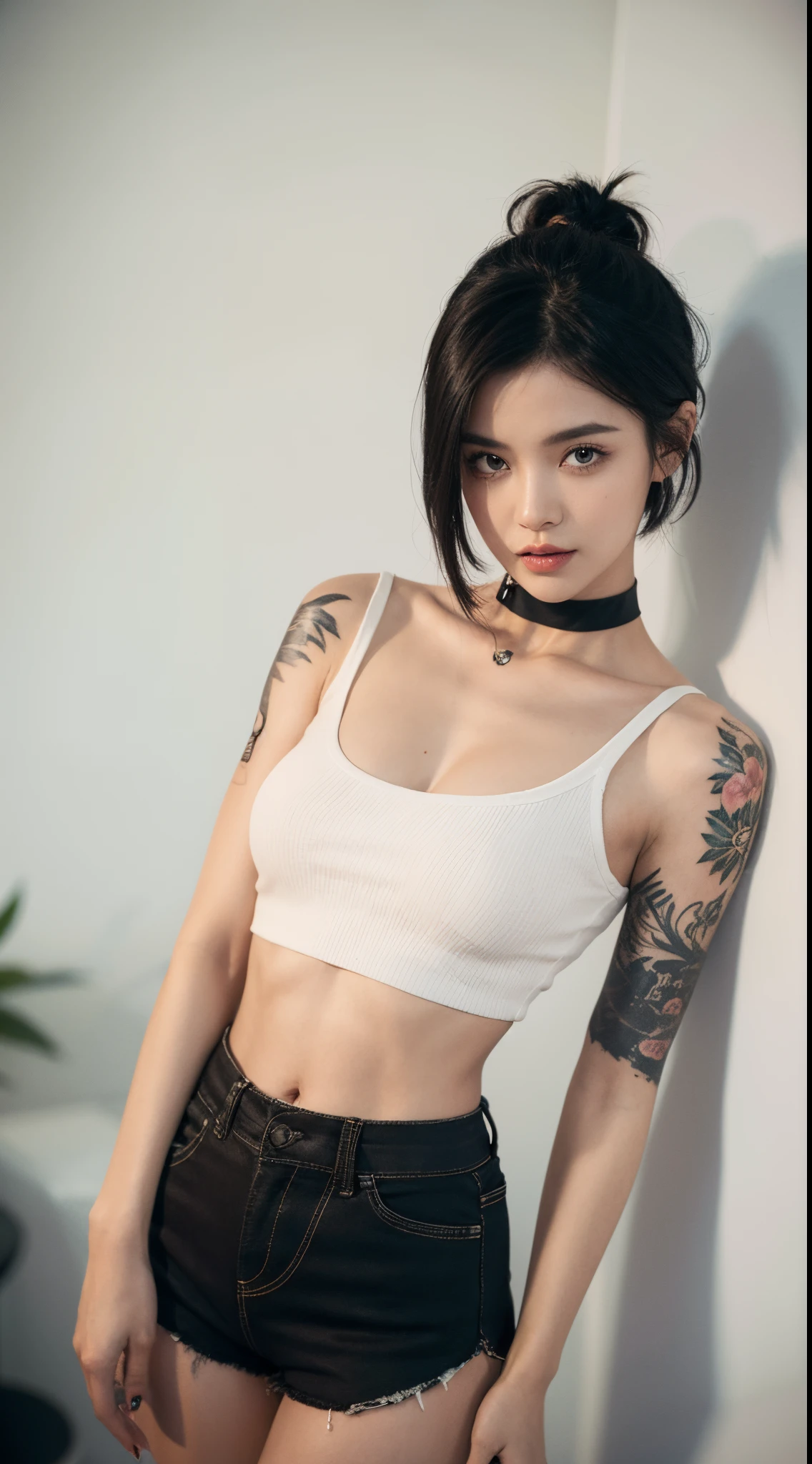 Generate an image of a woman with short black hair, adorned with tattoos on her arms, wearing a choker, cropped top, and short shorts. Capture her in a pose that is subtly provocative, focusing on the area from the waist up. Utilize an angle that highlights the details of her attire and tattoos while maintaining a sense of allure and confidence. Ensure the overall composition reflects a harmonious blend of fashion, individuality, and a touch of provocative elegance in the upper body frame.