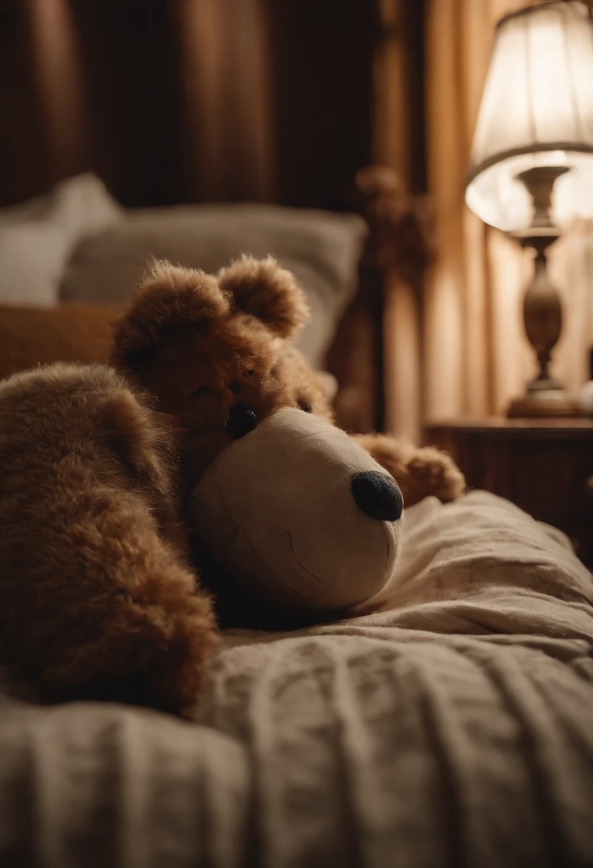 A bear falls asleep hugging a doll on a hotel bed, Realistis,8K
