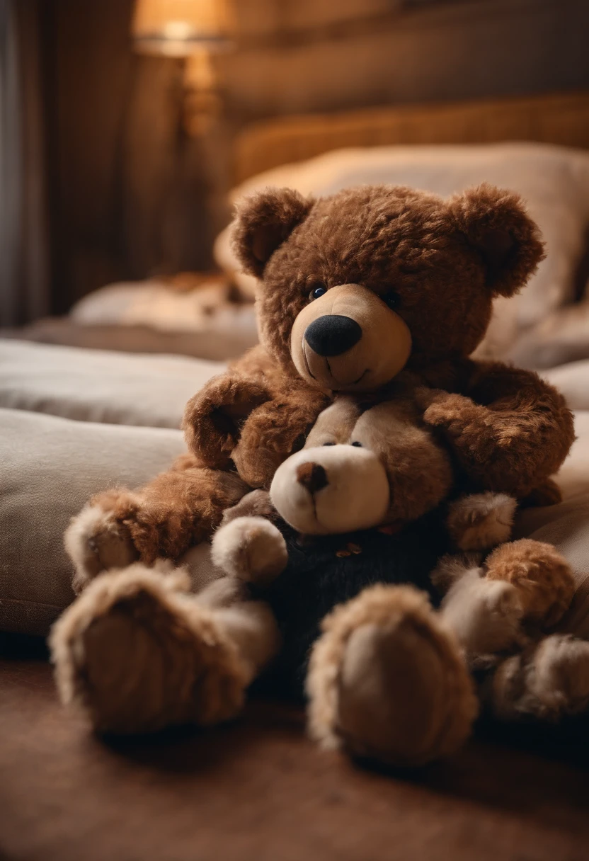 A bear falls asleep hugging a doll on a hotel bed, Realistis,8K