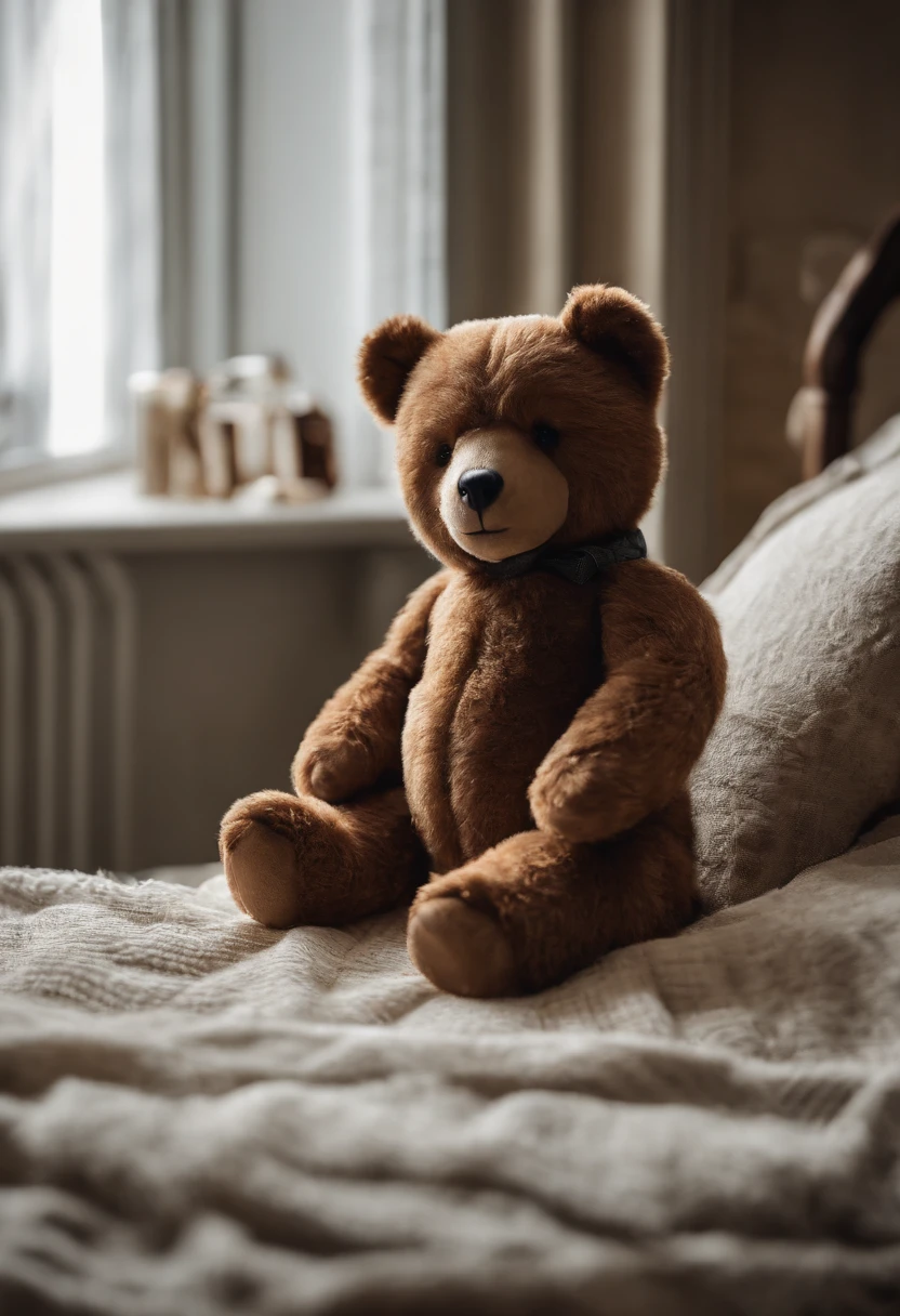 A bear falls asleep hugging a doll on a hotel bed, Realistis,8K