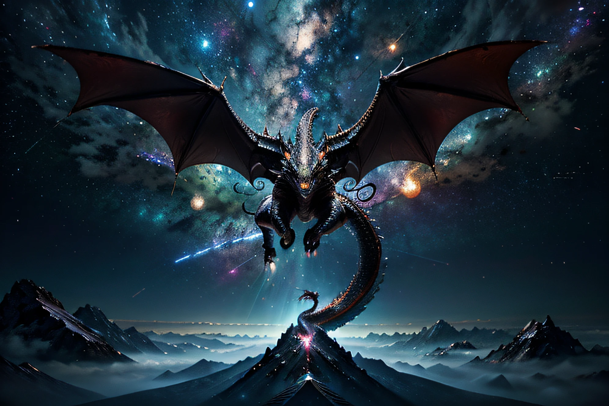 create a detailed image of a Chinese Dragon gliding through a cosmic galaxy, Portrayed through captivating digital illustrations. The artwork shows the dragon&#39;powerful and graceful movement against a backdrop of cosmic stars, with its long tail creating intricate patterns in the cosmic expanse. intenso, tons vivos amplificam o ambiente majestoso, Highlighting the Dragon&#39;a jornada celestial. The dragon&#39;The expression reflects a mixture of power and tranquility. Dynamic lighting adds depth and dimension to the dragon&#39;presence among the stars. vetor pro, arte MINIMALISTA perfeita Detalhes de ALTA QUALIDADE, detalhes ultra altos, design completo, Victoria, vetor vibrante, linhas profundas, heavy strokes.