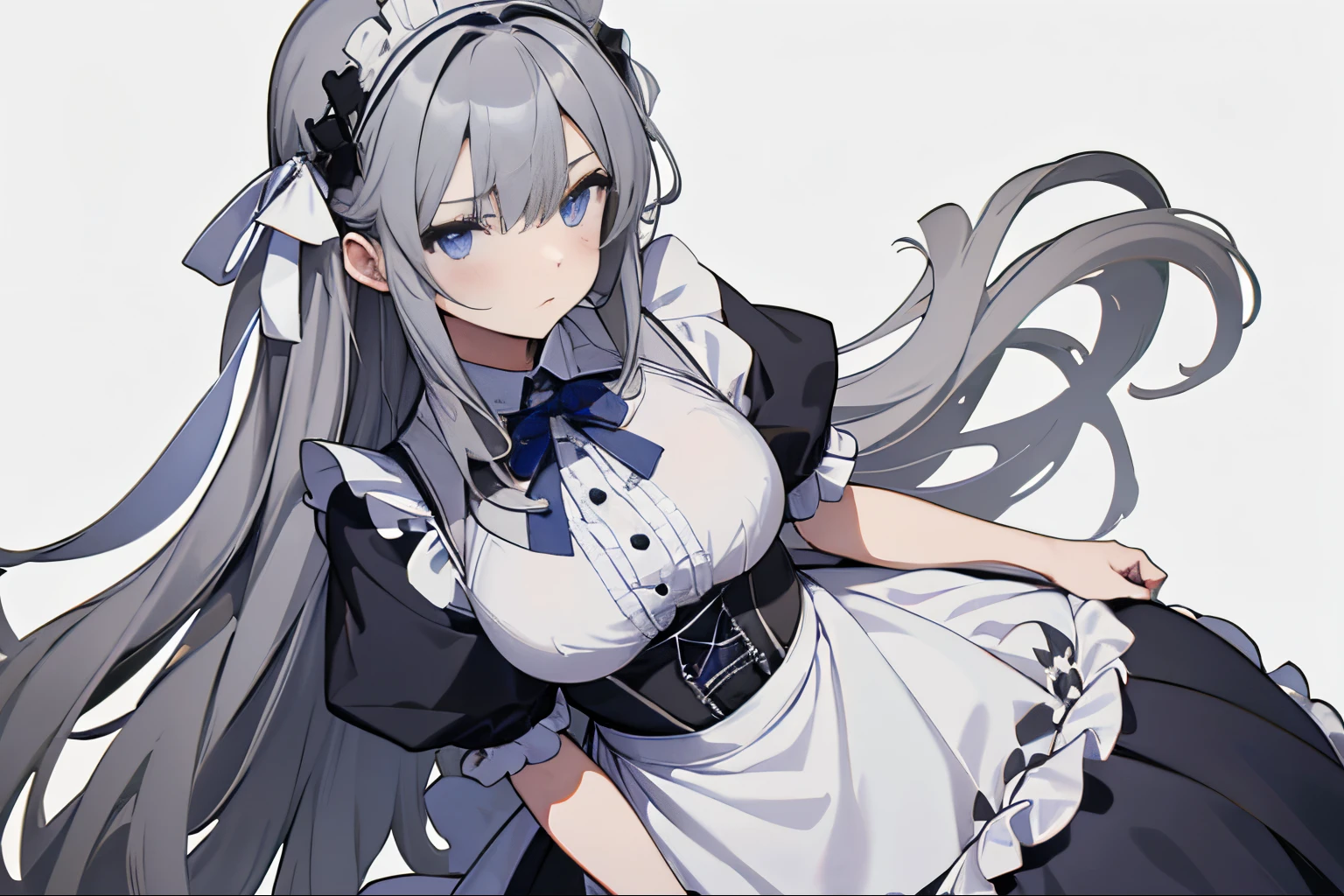 【Highest Quality, masutepiece】 [girl, expressioness, Cerulean eyes, very long hair,stare at each other,,maid clothes,Apron Dresses,frilld,Upper body] (Gray white background:1.5), large full breasts,punch,