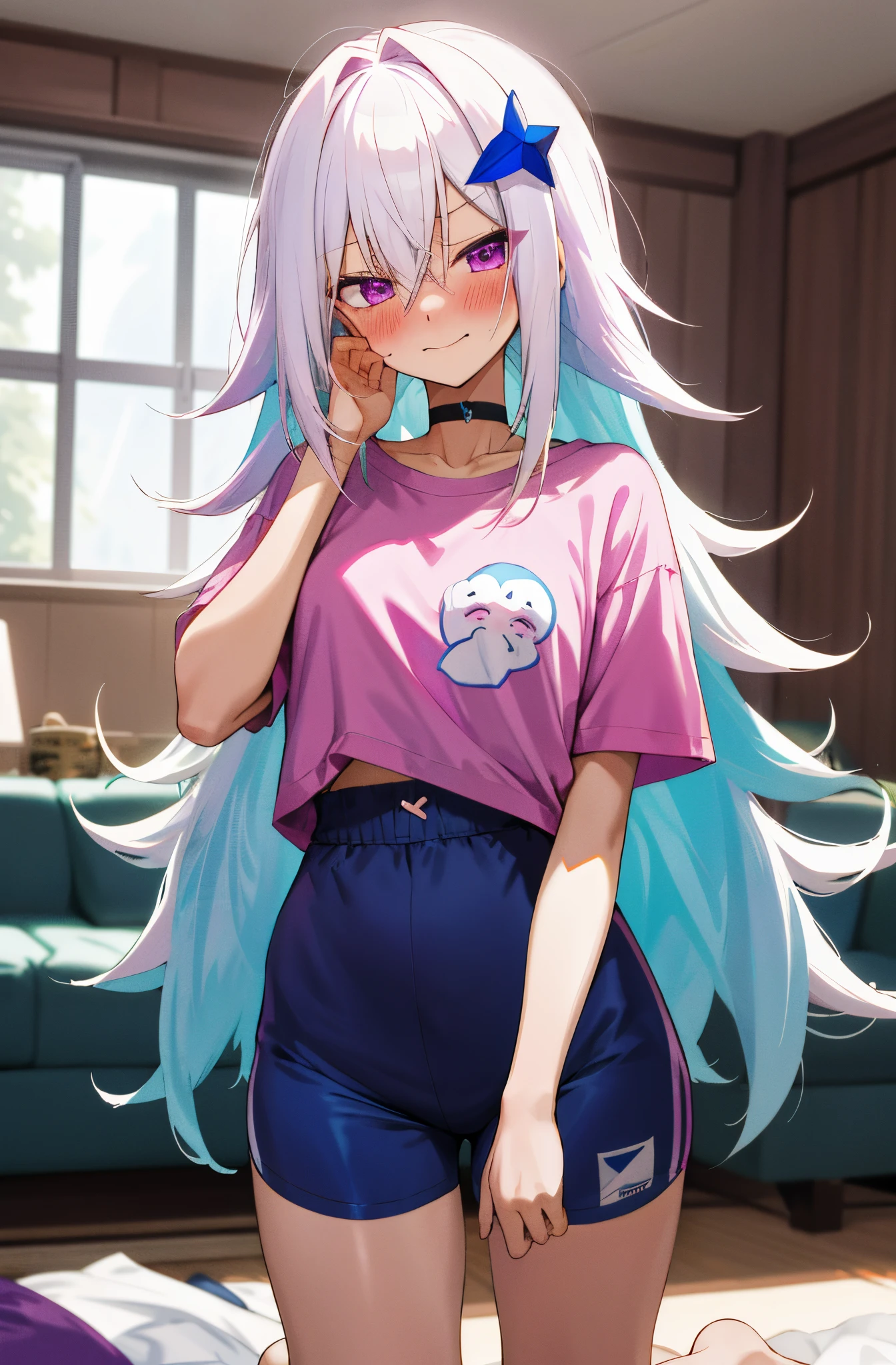 One girl with long messy hair, white hair, blue inner hair, purple eyes, looking at viewer, sleepy, blushing, embarrassed, little smile, wake up from sleep, pink t shirt, sport shorts, living room, thigh, slim, dizzy, choker, mid-chest, wide hips, perfect waist, morning atmosphere, hair ornament, kneeling pose