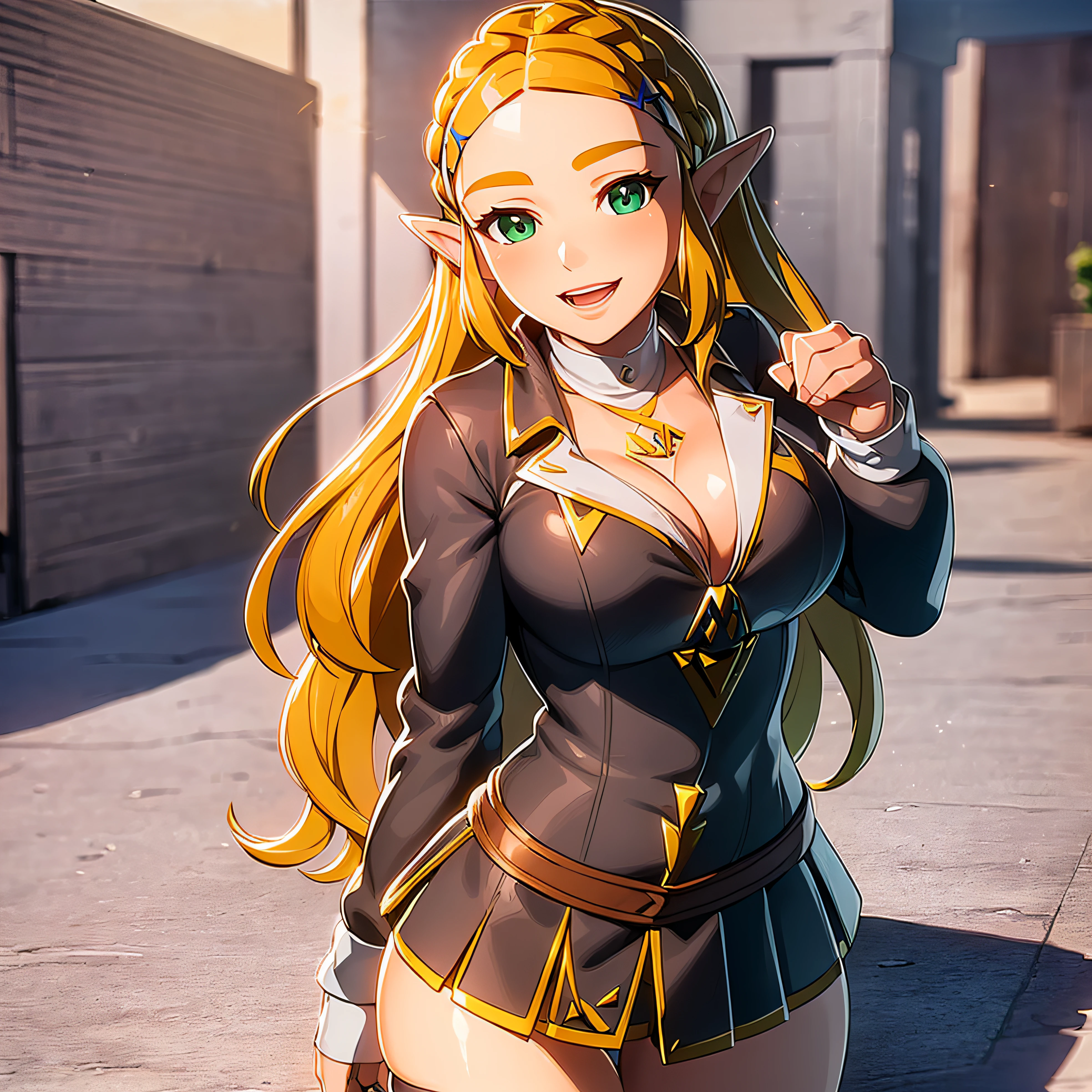 ((masterpiece)),(illustration),(((best quality)), 1girl, iridescent, high resolution illustration,Amazing,highres,intricate detail, extremely detailed CG unity 8k wallpaper ((zelda)), full body, large breasts, (delicate cute face), blond long hair, lovestruck,(green eyes), smile, joyful, young teen, narrow waist, young girl,  girl, 15 year oldar old girl, seduvage, big smile, happy, smiling, tight body, wavy hair, school, schoolgirl, sexy pose, slutty outlutty clothes, revealing clothes, cleavage, facing viewer, athletic