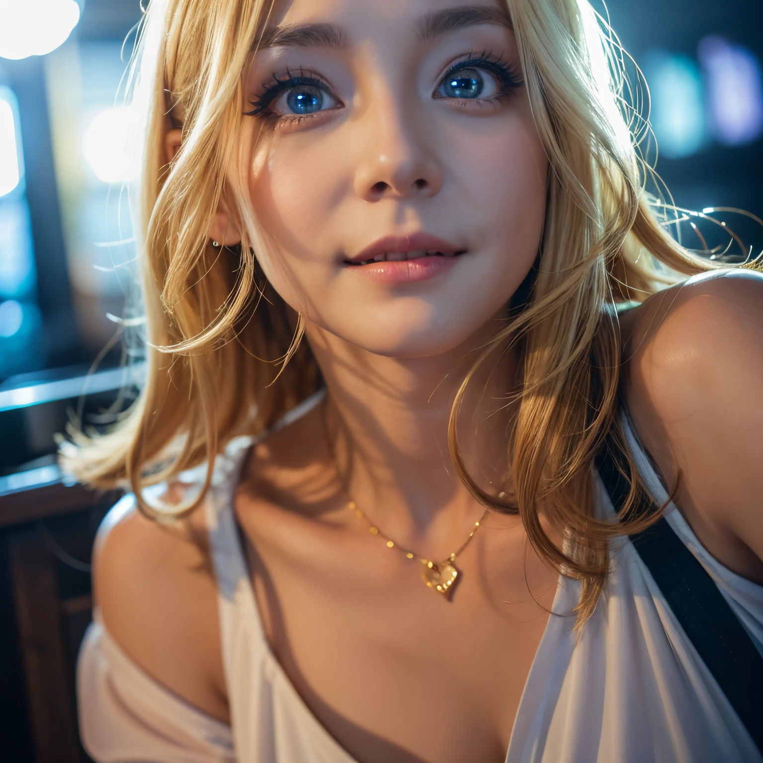 Best Quality、Raw photo、profetional lighting、Top image quality、​masterpiece、Live-action depiction、The background is of the best quality、The background is professional lighting、Russian、Big eyes、There is a village frame pure、animesque、The background is a pub、a blond、the eyes are blue、Skinny chest、Smiling a little、hairstyle is short bob、