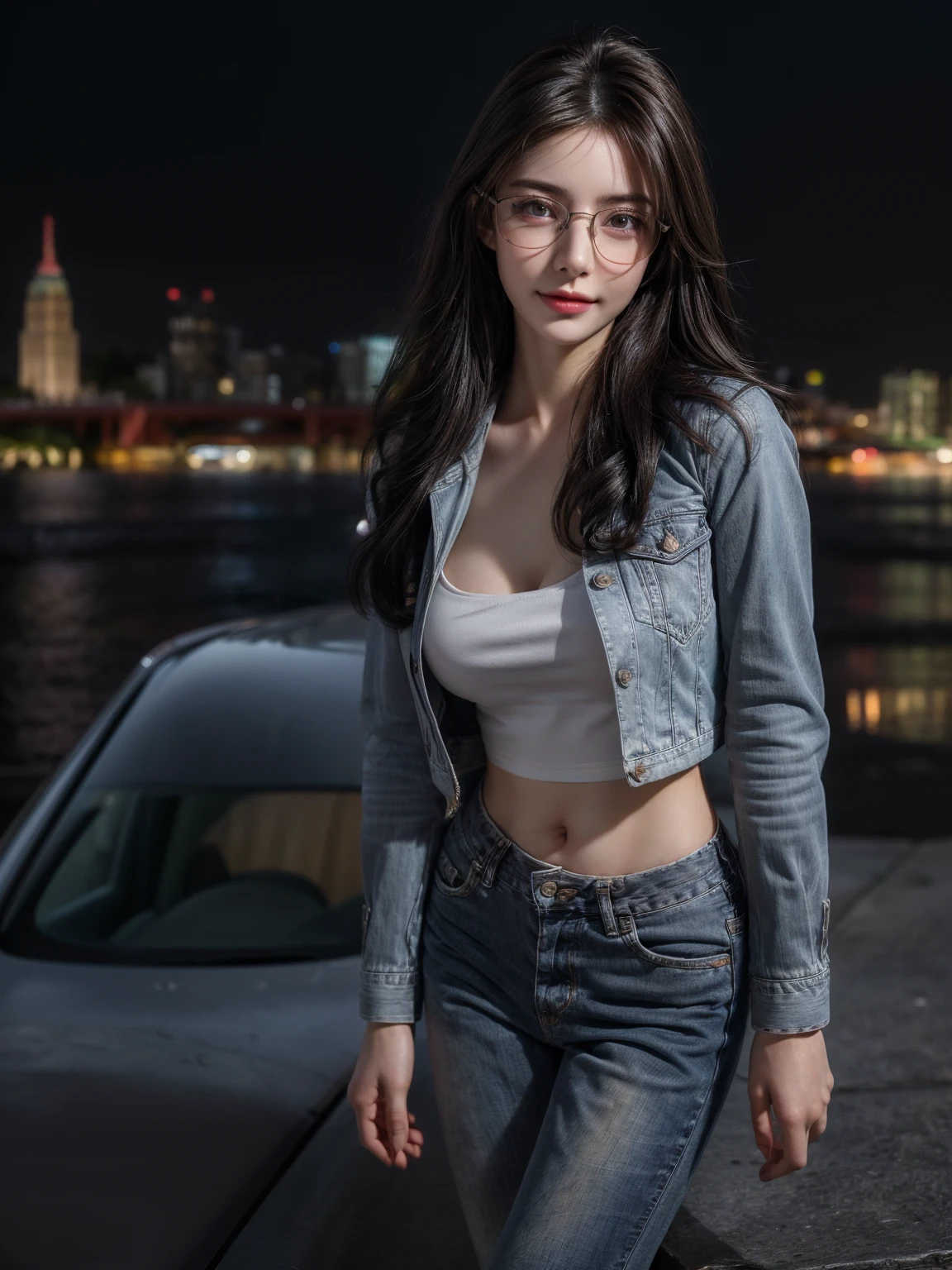 (8k, RAW photos, best quality, tmasterpiece:1.5), (realistic, photograph realistic:1.5), masterpiece, best quality, High detail, Best image quality, super detailed, high resolution, Very detailed, Best quality, Extreme detail description, hyperdetailed painting, (An extremely delicate and beautiful work), ((standing)), Beautiful detailed girl, Very detailed eyes and face, Beautiful detailed eyes, Masterpiece, ((fair skin)), hazy beauty, very detailed facial, detailed skin structure, perfect anatomy, ((perfect body)), Beautiful detailed whole body, delicate face, exquisite body, fine collar bone, lovely lips, Behind the softness, adorable, ((slim waist)), ((big breasts)), ((cleavage)), big breasts exposing, big breasts enchanting, ((smile:1), (seductive look, soulful eyes, glowing eyes), beautiful and clear eyes, (brunette color hair), ((Enchanted expression)), solemn pose, ((An extremely detailed and elegant shirt)), ((shirt and gray jean jacket)), head gear, highly detailed, curled hair, Delicate earrings, Simple blurred background, ((view over city, the night)), Sateen, dampness, professional lighting, photon mapping, New York City, physically-based rendering, ((full body)), ((Wearing glasses)), looking to viewer