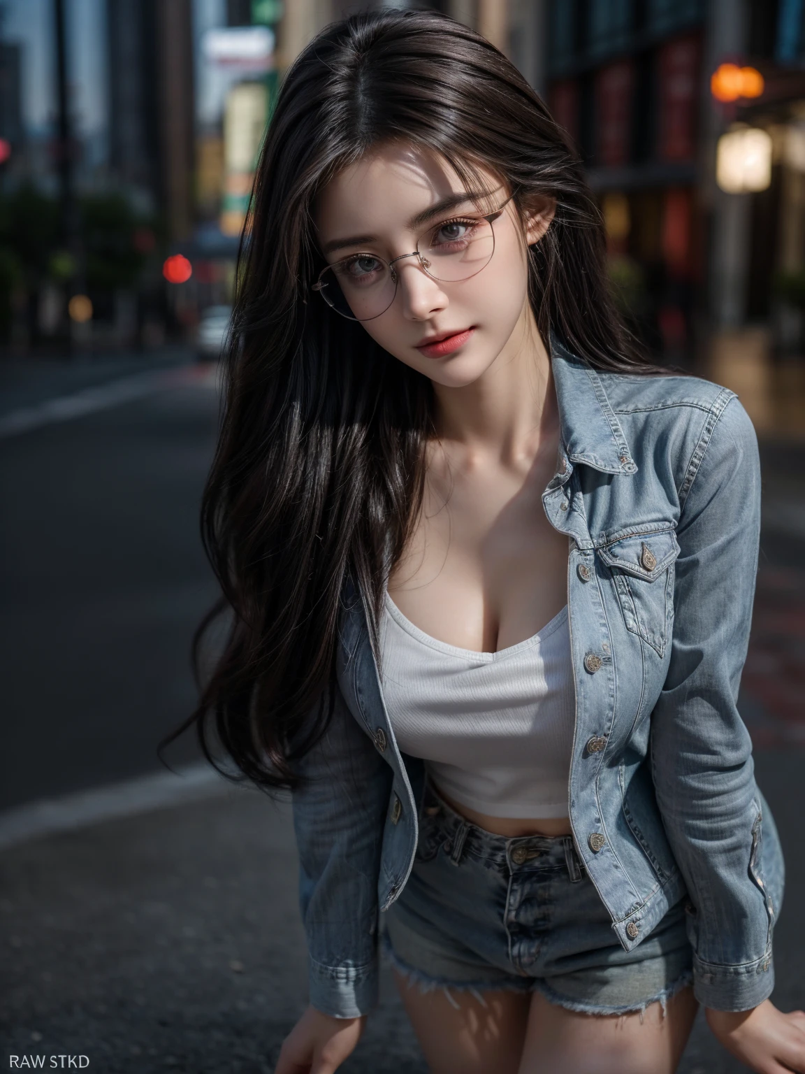 (8k, RAW photos, best quality, tmasterpiece:1.5), (realistic, photograph realistic:1.5), masterpiece, best quality, High detail, Best image quality, super detailed, high resolution, Very detailed, Best quality, Extreme detail description, hyperdetailed painting, (An extremely delicate and beautiful work), ((standing)), Beautiful detailed girl, Very detailed eyes and face, Beautiful detailed eyes, Masterpiece, ((fair skin)), hazy beauty, very detailed facial, detailed skin structure, perfect anatomy, ((perfect body)), Beautiful detailed whole body, delicate face, exquisite body, fine collar bone, lovely lips, Behind the softness, adorable, ((slim waist)), ((big breasts)), ((cleavage)), big breasts exposing, big breasts enchanting, ((smile:1), (seductive look, soulful eyes, glowing eyes), beautiful and clear eyes, (brunette color hair), ((Enchanted expression)), solemn pose, ((An extremely detailed and elegant shirt)), ((shirt and gray jean jacket)), head gear, highly detailed, curled hair, Delicate earrings, Simple blurred background, ((view over city, the night)), Sateen, dampness, professional lighting, photon mapping, New York City, physically-based rendering, ((full body)), ((Wearing glasses)), looking to viewer