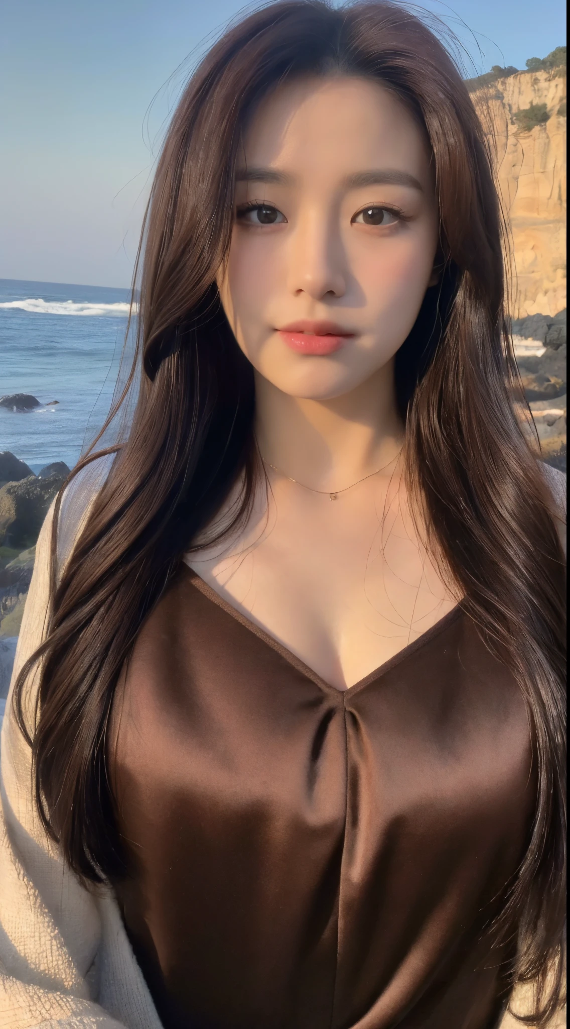 ((top-quality、8K、masterpiece:1.3))、Cute 1 slightly plump woman:1.4、((dark brown  hair、medium chest circumference:1.2))、Rocky area by the sea:1.2、Highly Detailed Face and Skin Textur、詳細な目、二重まぶた