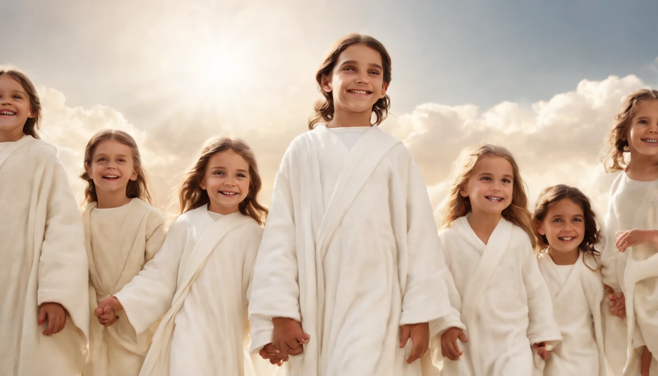 a pixa Disney cartoon  of biblical times, A Lot of happy 6  girls and boys in heaven  in heaven dressed like the bible times having white robe around their west.