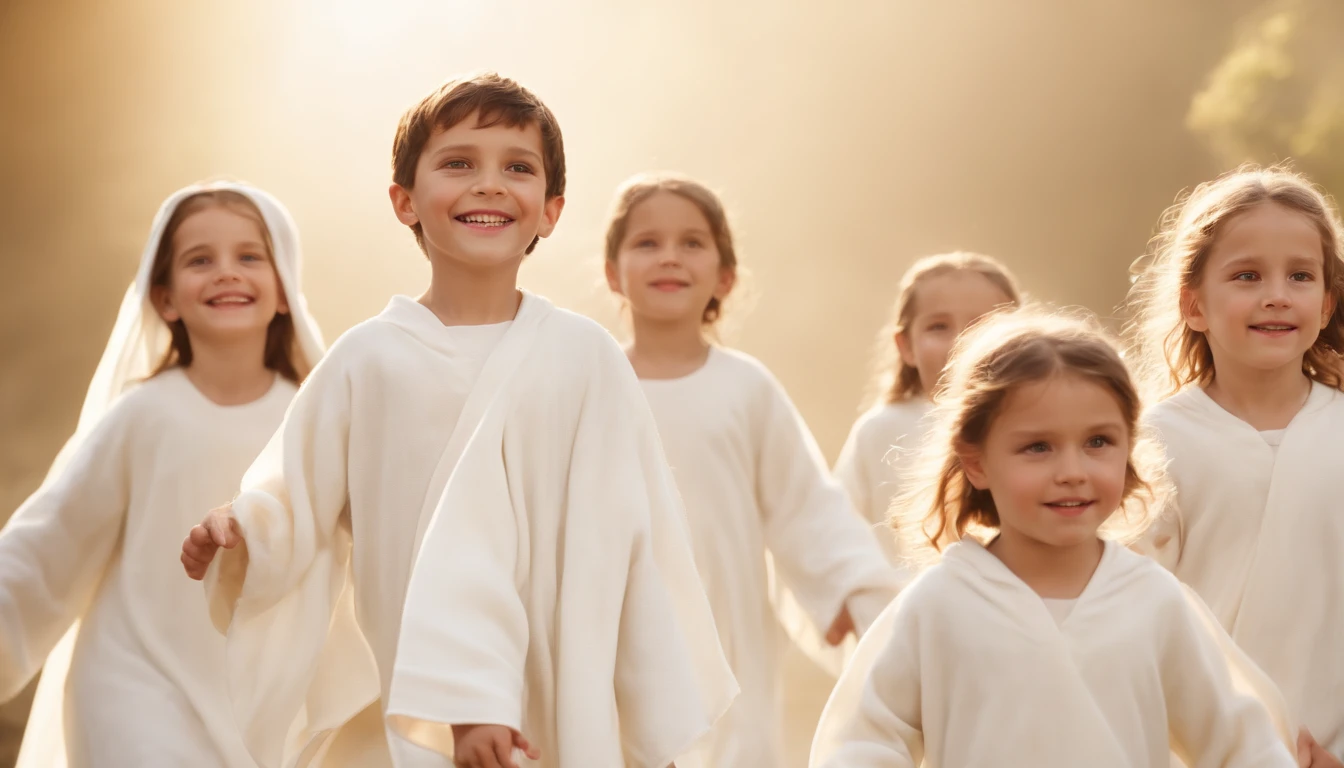 a pixa Disney cartoon  of biblical times, A Lot of happy 6  girls and boys in heaven  in heaven dressed like the bible times having white robe around their west.