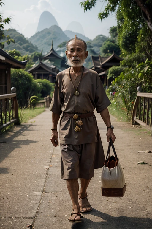 An elderly Thai hermit who is poor carries a bag and a walking stick.. Hang the amulet around your neck and wear an old crown. Walk across the footbridge, full portrait