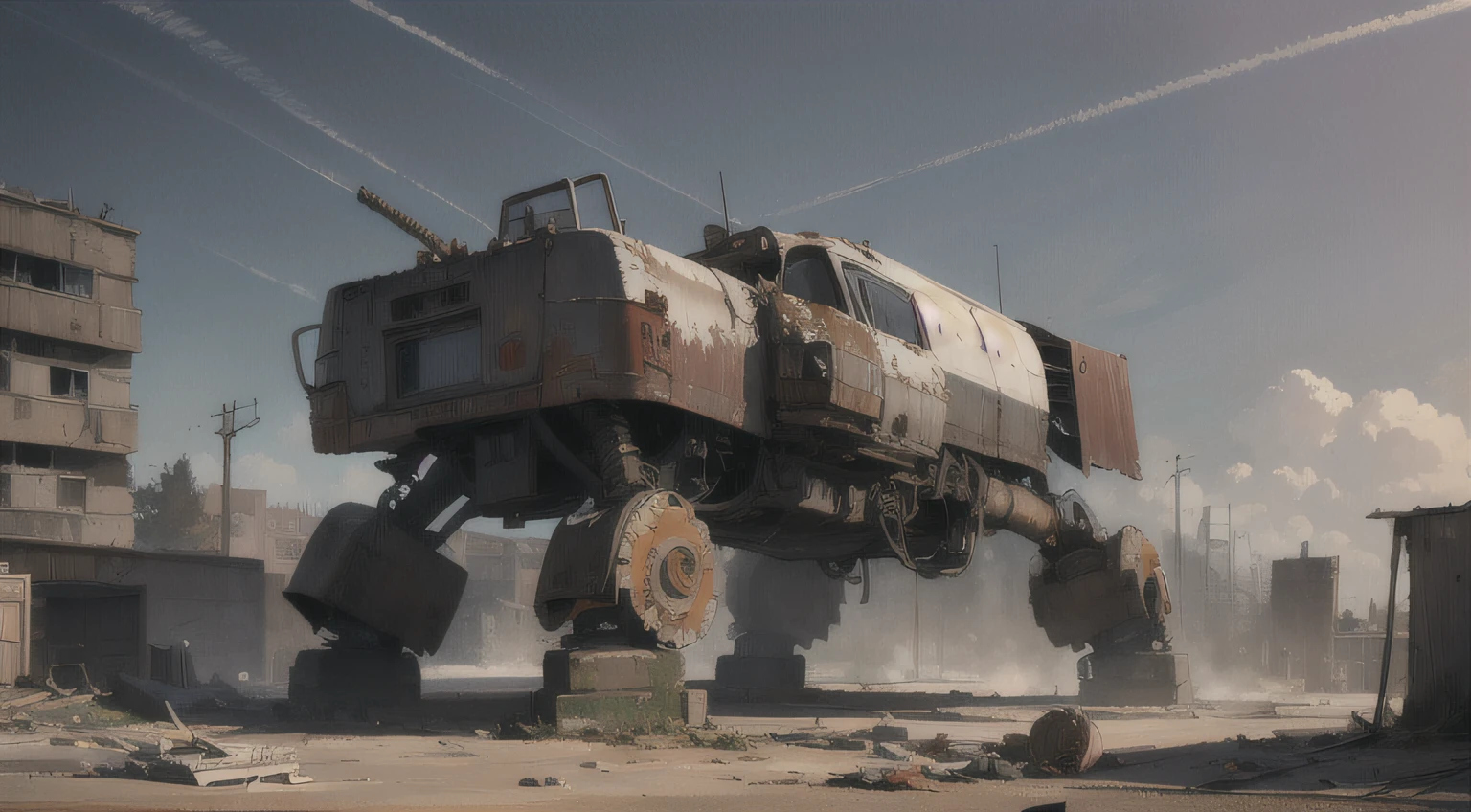 ((masterpiece)),((best quality)),((high detail)),((realistic,)) apocalyptic earth dystopia abandoned town. war mech destroyed and rusted by time.